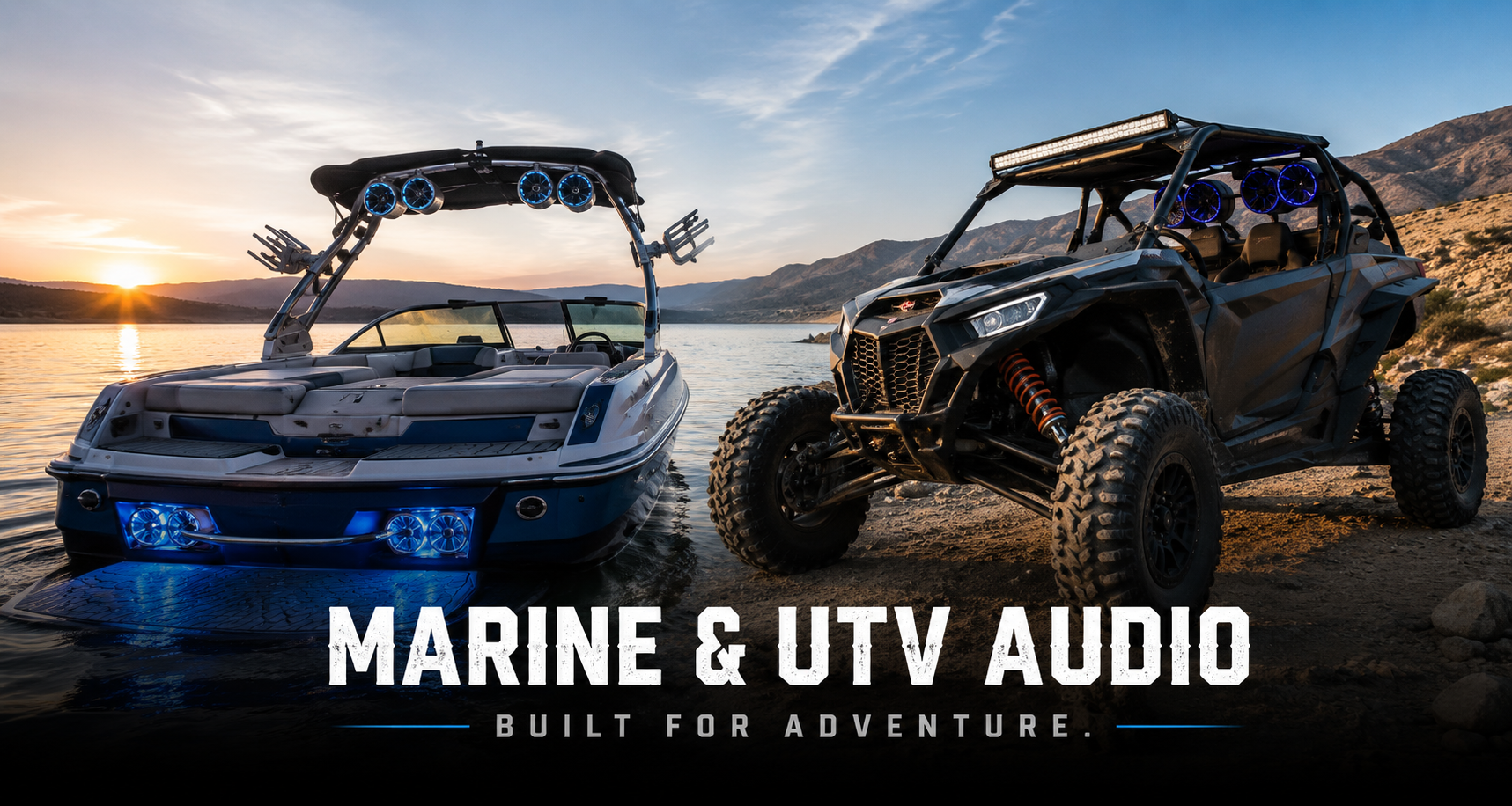A boat and an off-road vehicle parked by a lake at sunset, with mountains in the background. The image features the text 'Marine & UTV Audio Built for Adventure.'