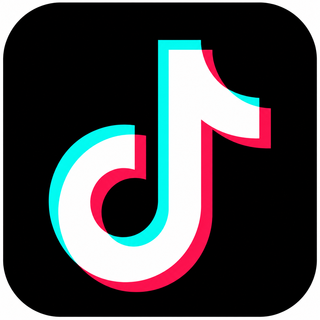 TikTok logo with black background, stylized white musical note with red and blue shadow outlines.