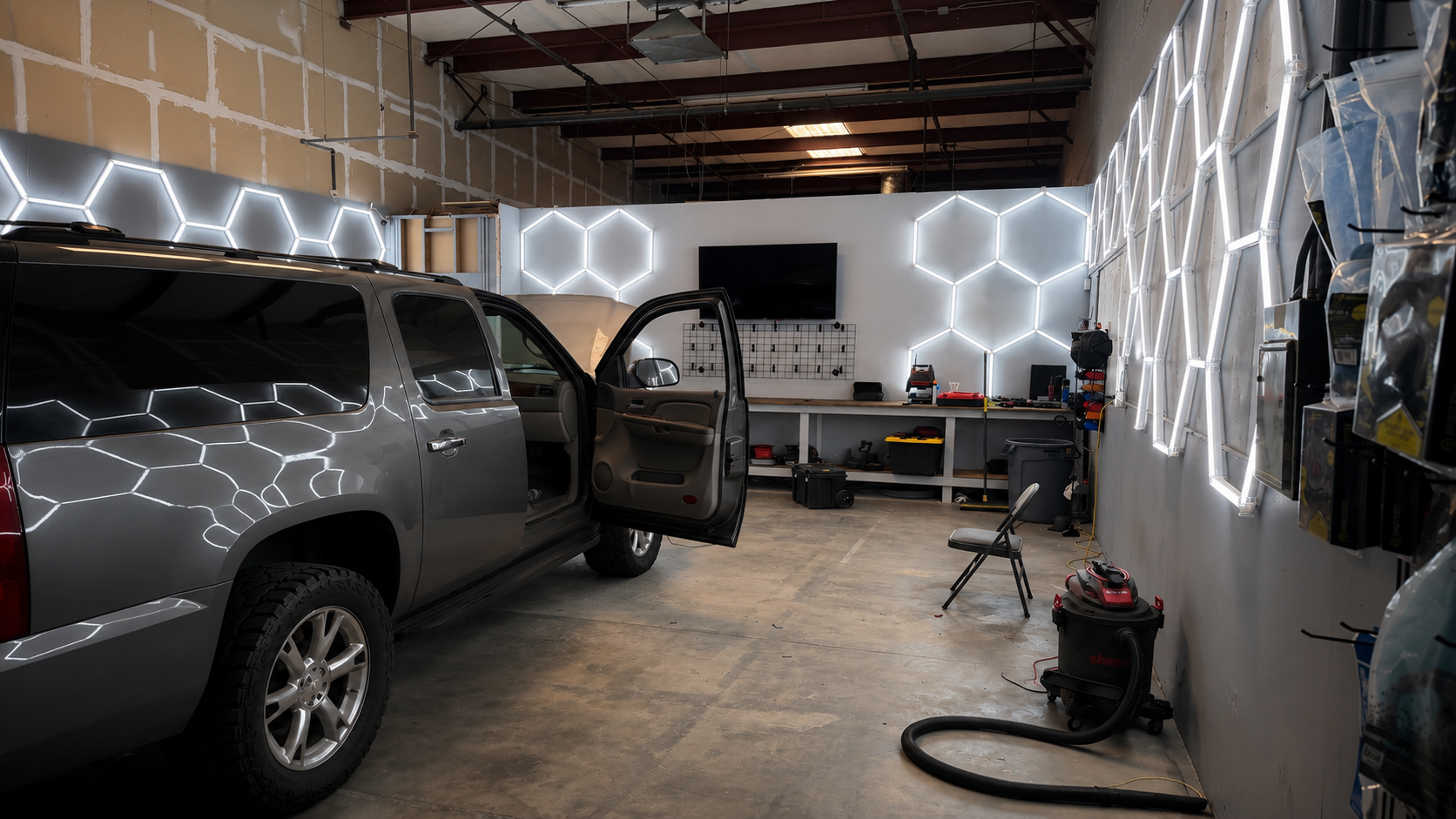 Professional installation bay at Mobile 12V Solutions equipped for car audio, remote starts, dash cameras, and custom vehicle electronics.
