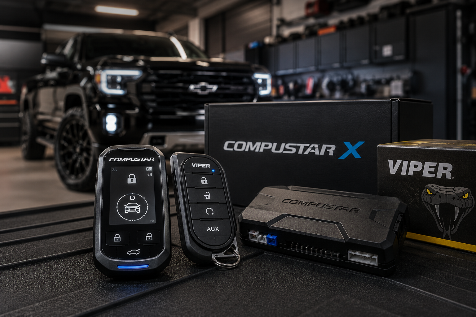 Automotive security and remote start key fobs and accessories displayed on a workbench with a black truck in the background.