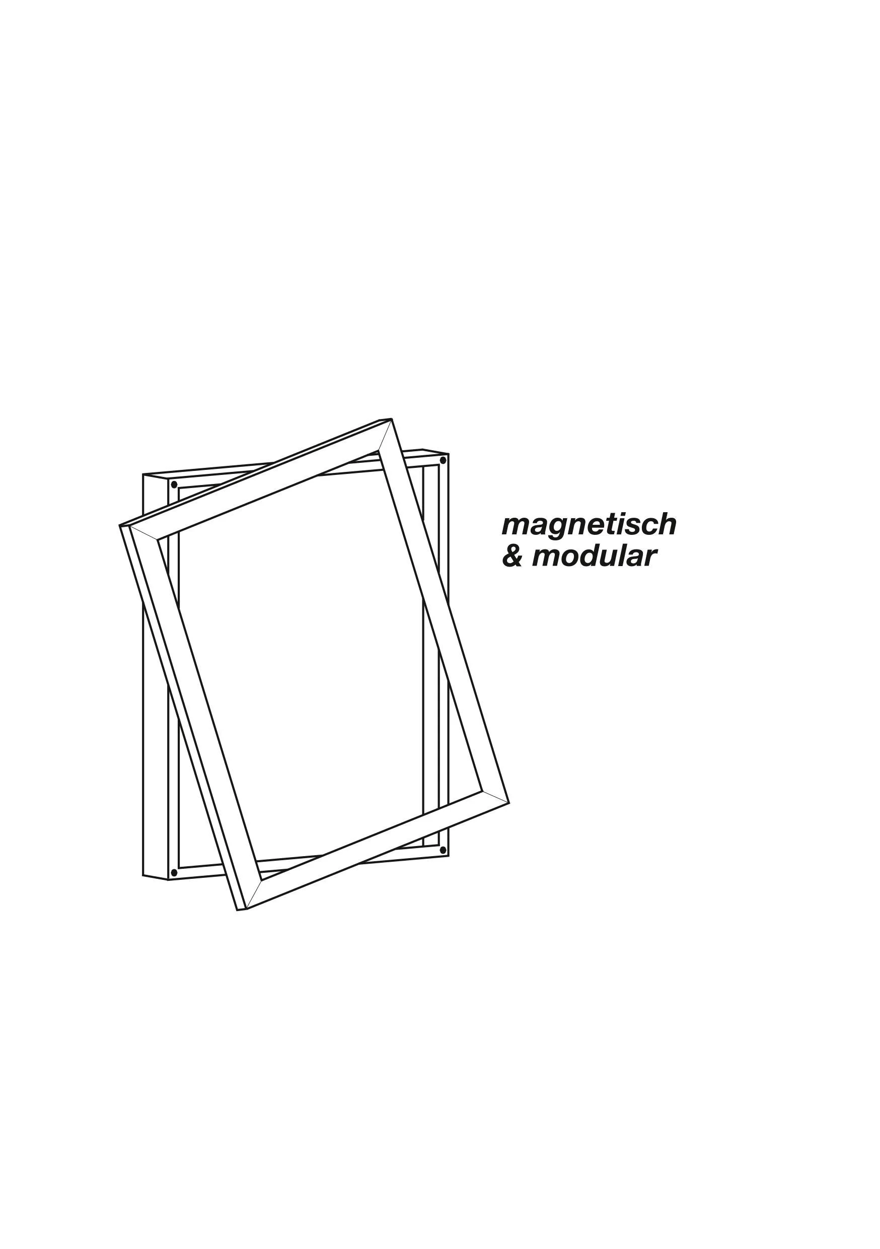 Technische Zeichnung eines geöffneten Shiw+Case-Rahmens. Daneben stehend: Magnetisch & Modular