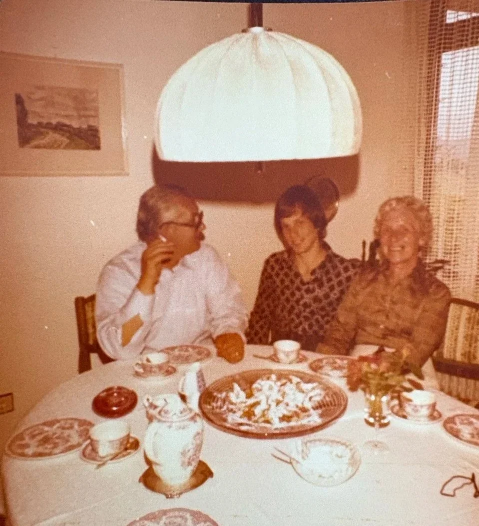 Rudolf, Rich, Annemarie enjoying afternoon snack, Lindberg, Germany, 1976