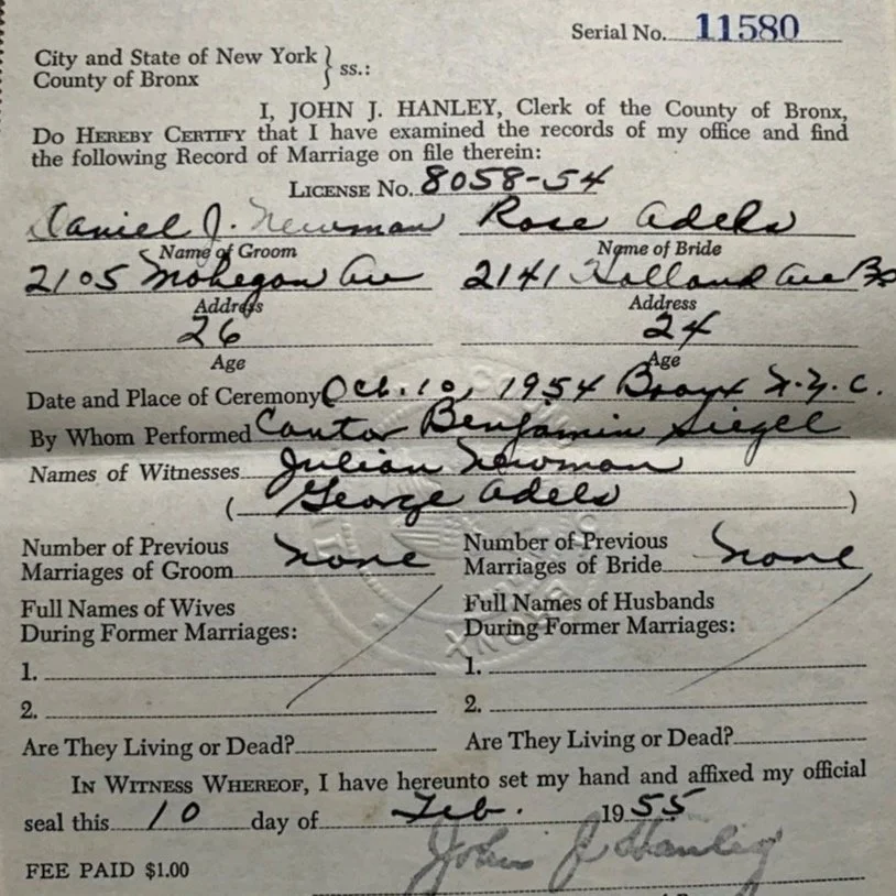 Rose and Dan marriage certificate, 1954