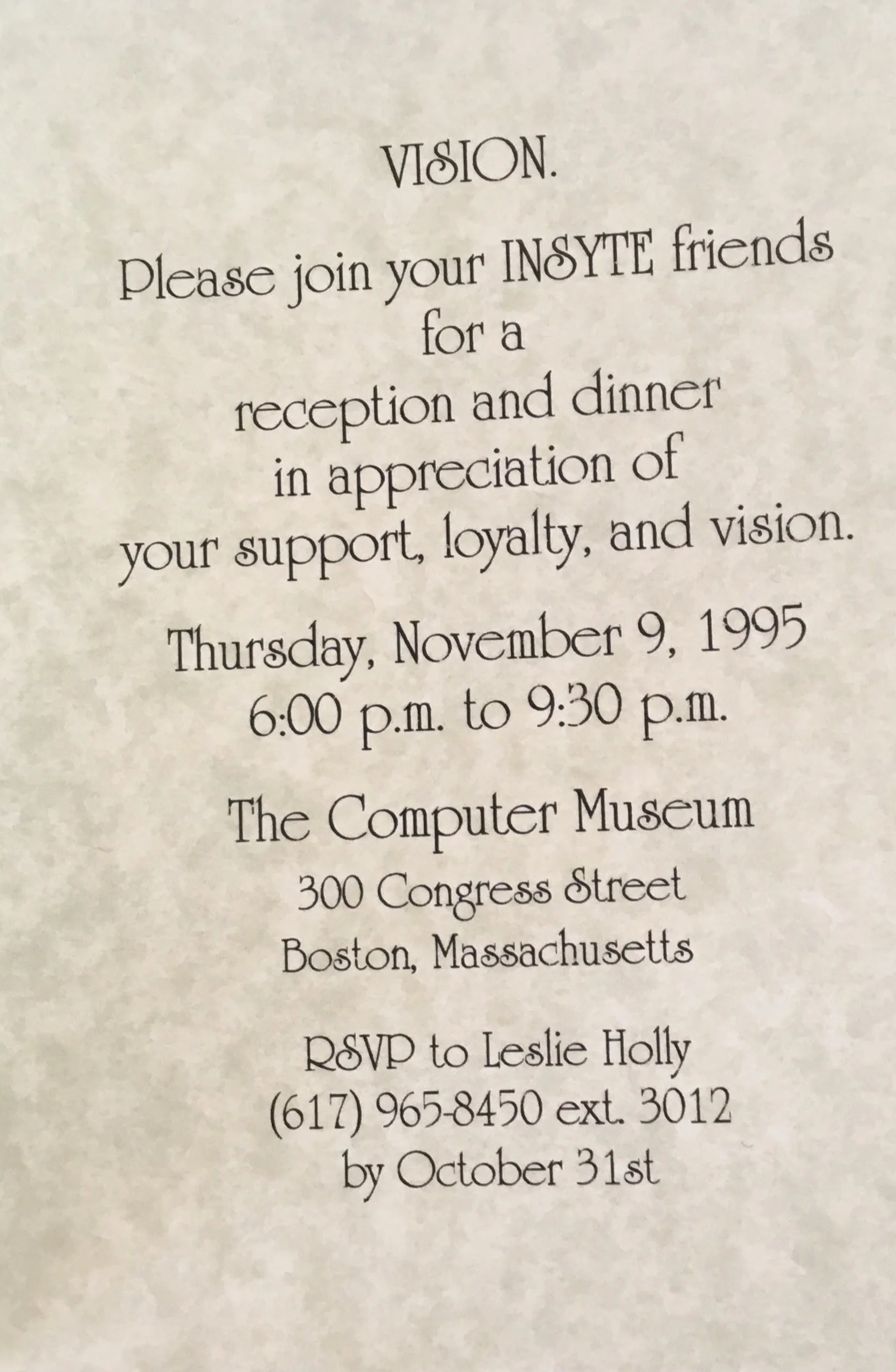 Insyte invitation to Vision celebration, 1995