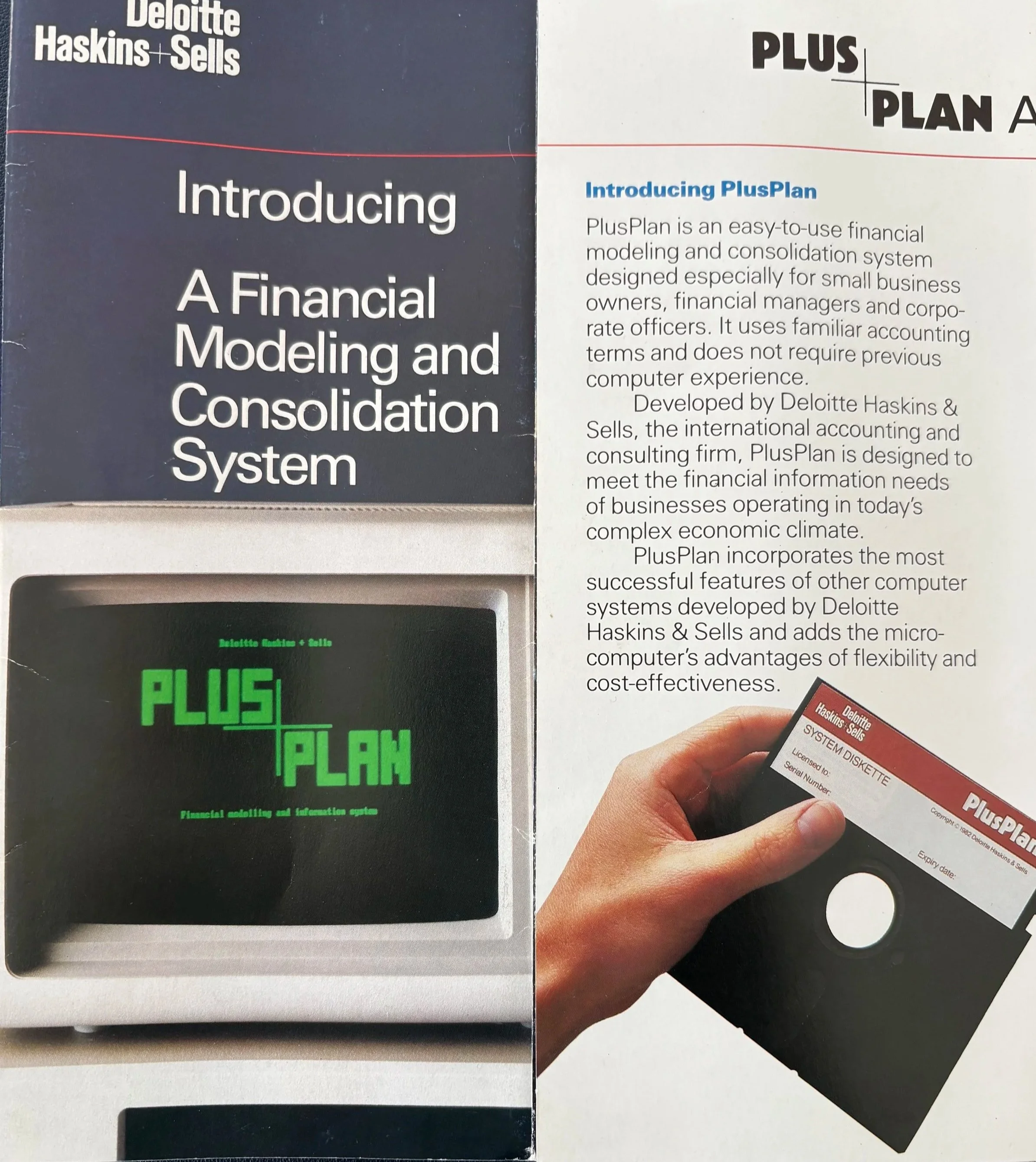 PlusPlan Brochure, 1983.   Yes, that's Rich's hand holding a floppy disk. 