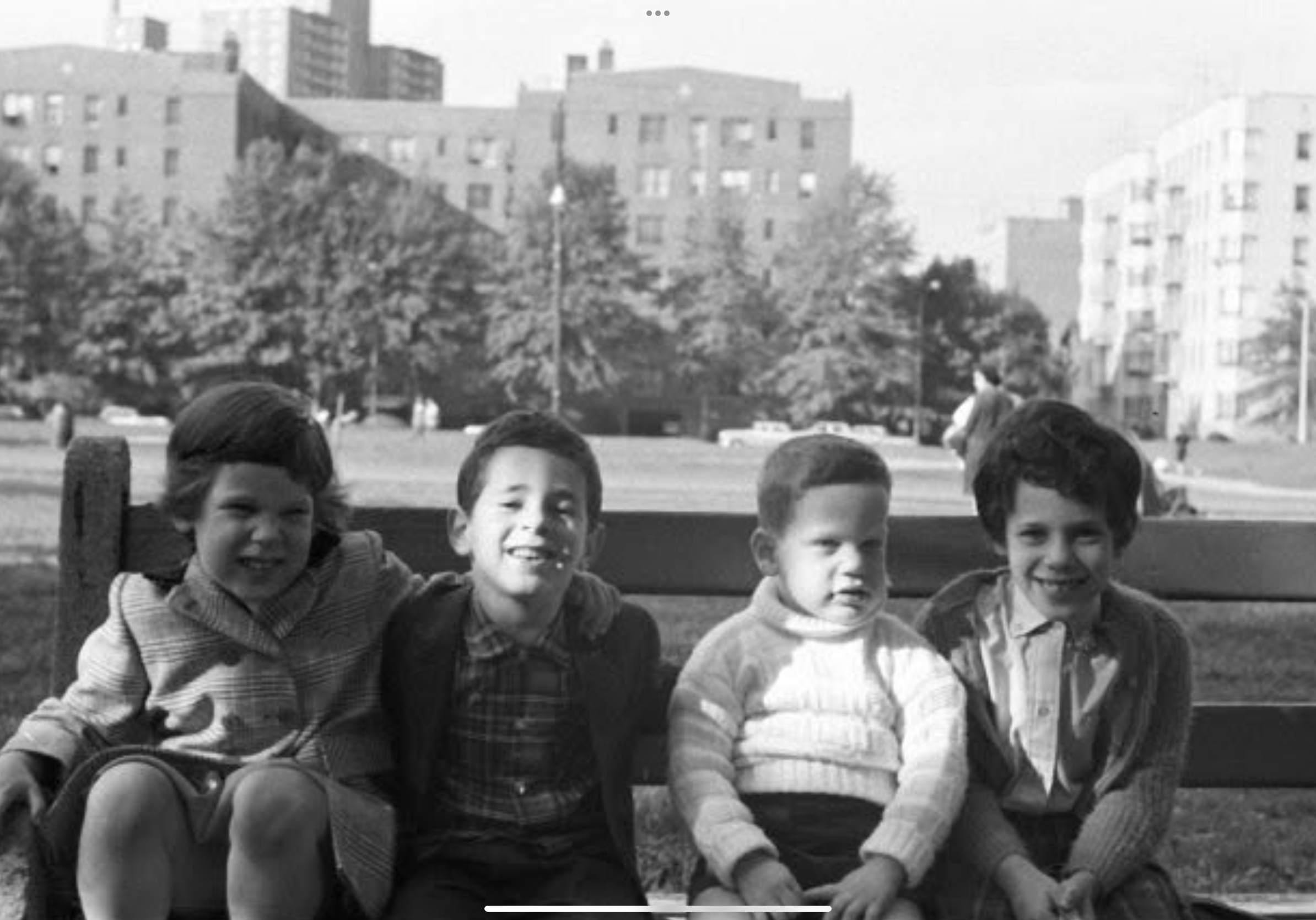 Cousins on their bench, Bronx, 1961.  Leslie, Peter, Rich, Beth