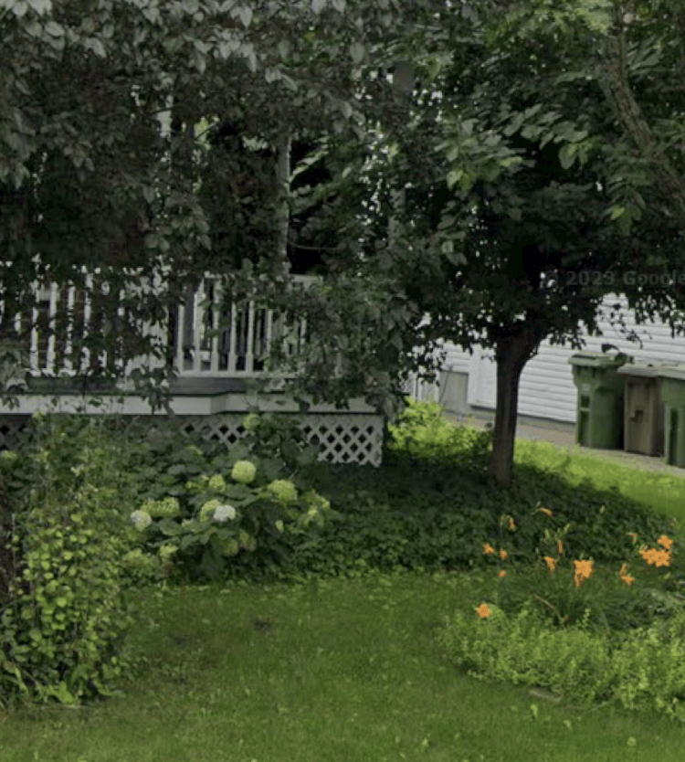 Un terrain avec une plate-bande qui contient des arbustes, des buissons et du paillis de cèdre à Saint-Basile-le-Grand.