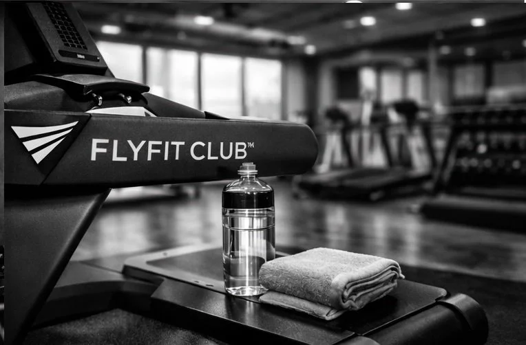 Treadmill with a water bottle and towel in a gym, branded with FlyFit Club. Next-generation in-terminal airport fitness facility design by FlyFit Club for elite performance.