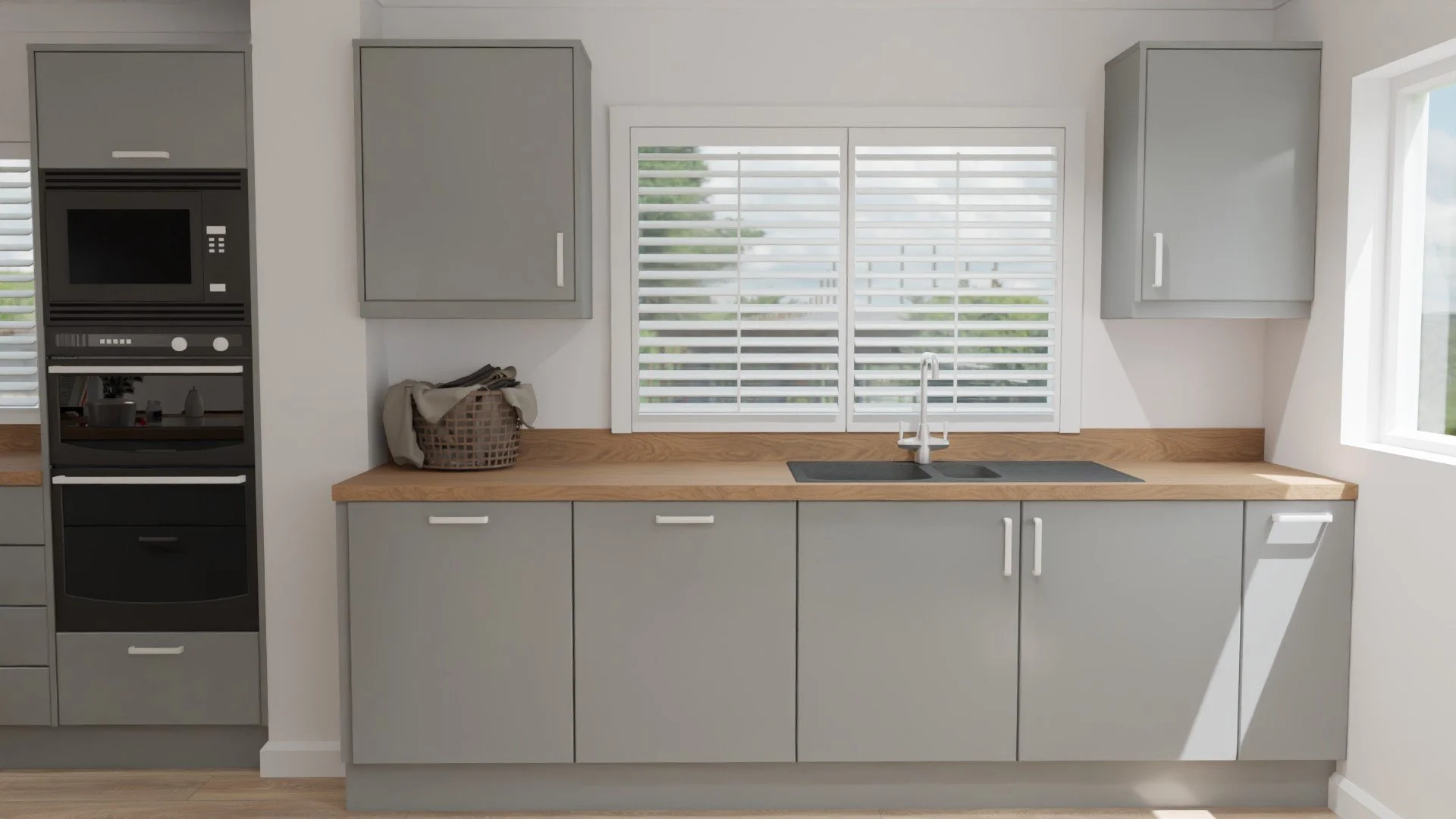 Sink run. 1.5 St/Steel sink to match the units and appliances, as well as an integrated dishwasher and washer dryer to not busy the visual aesthetic.