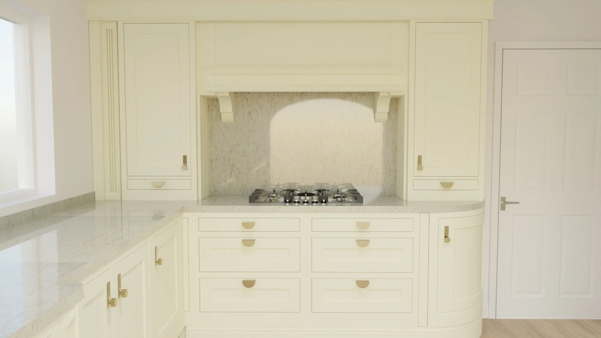 Integrated extractor fan with 6 ring gas hob. Also included a rounded corner unit for easier access in and out of the room.