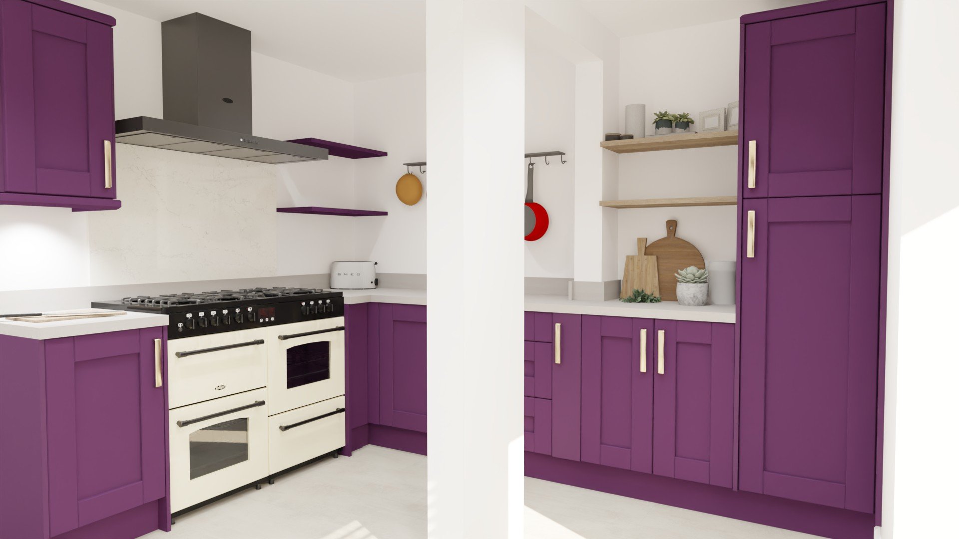 Hob run, the client was very happy with the idea of a rangemaster classic in white. Making the kitchen less monochromatic. Added a glass white splashback to ease the cleaning process too.