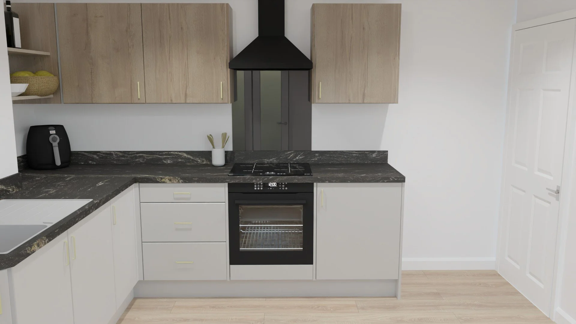 4 ring induction hob, matched with black hood and glass splashback for easy cleaning.