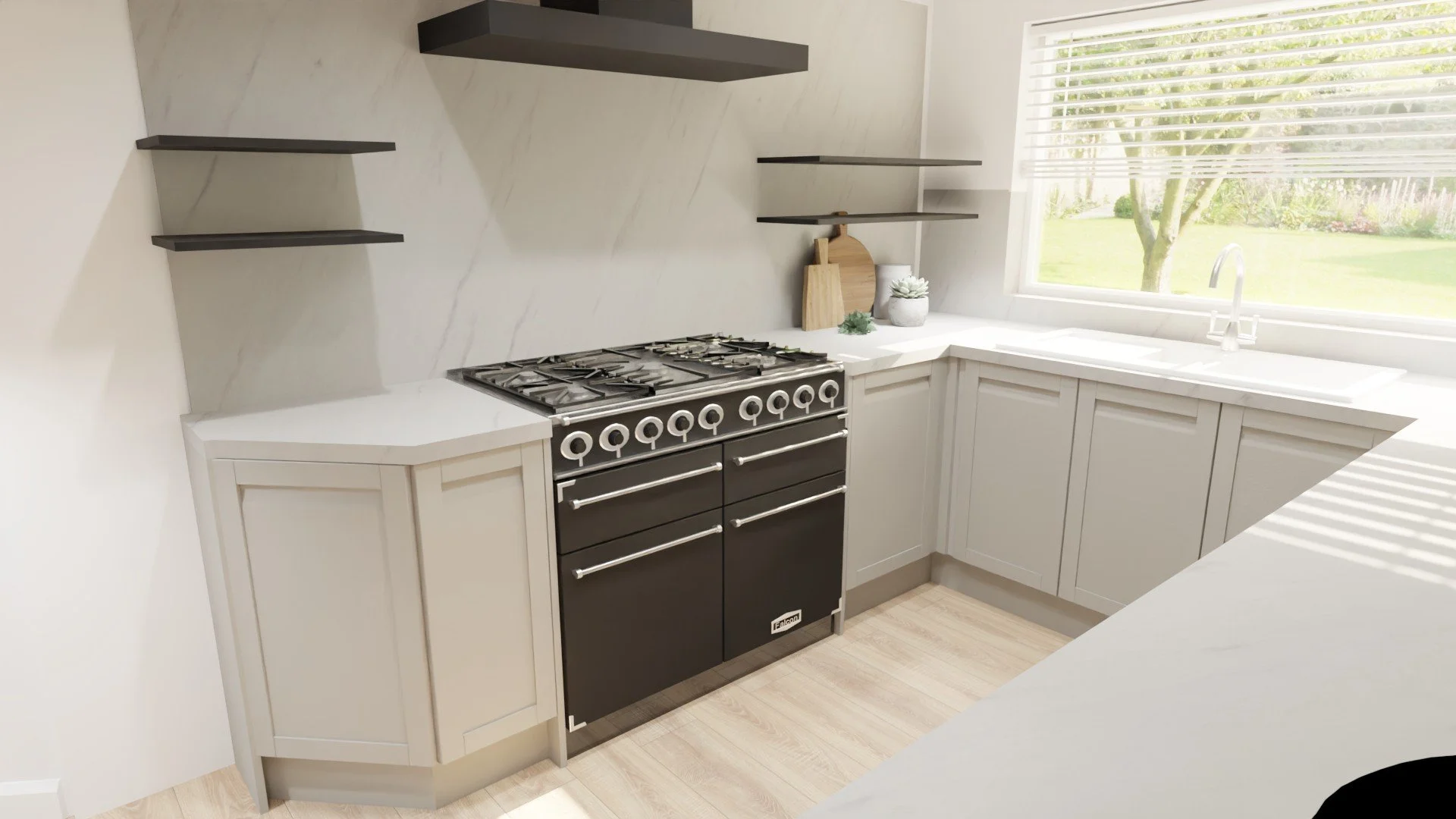 A modern small J-pull style kitchen. The client wanted to optimise storage that not only is hidden away but also in sight at the same time. Here we have a corner base unit, a rangemaster cooker, shelving and a 300 pull out spice rack base.