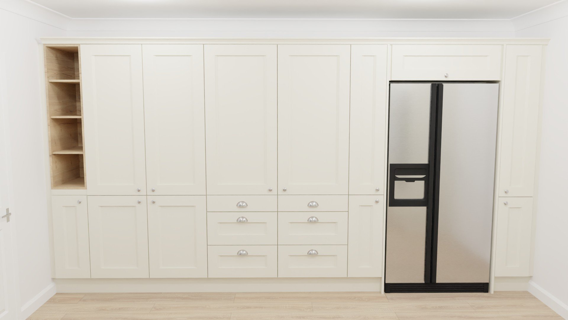 Self designed Butler pantry. The costumer wanted 2 sets of drawers as well as a butler pantry incorporated onto them. Our manufacturers dont have untis like this, so I designed and helped build them to look this way. Included an open wood unit for re
