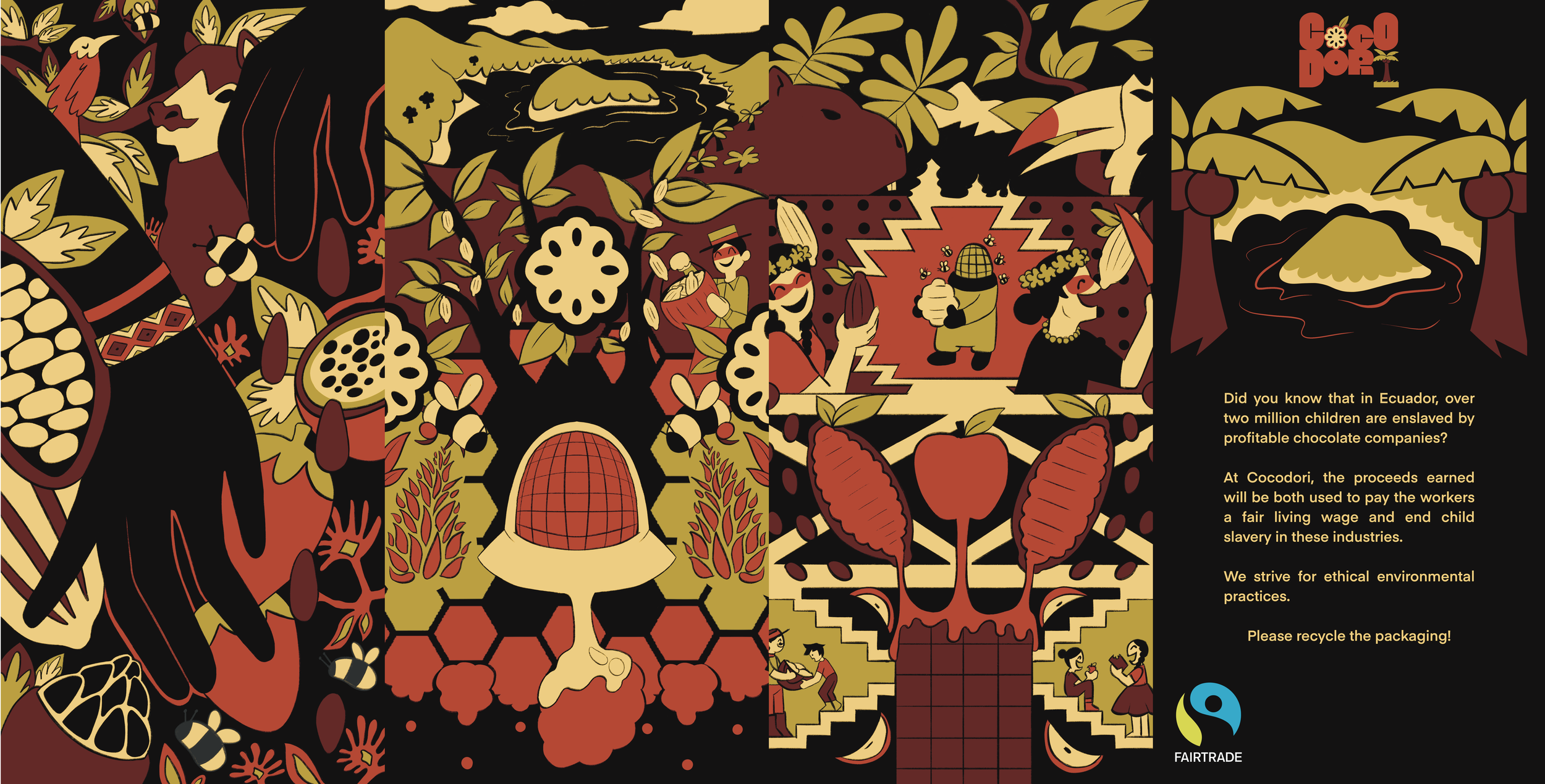 The wrapper for the chocolate without the box sleeve. This shows what all the wrappers look like as well as the back of the box, explaining the company.