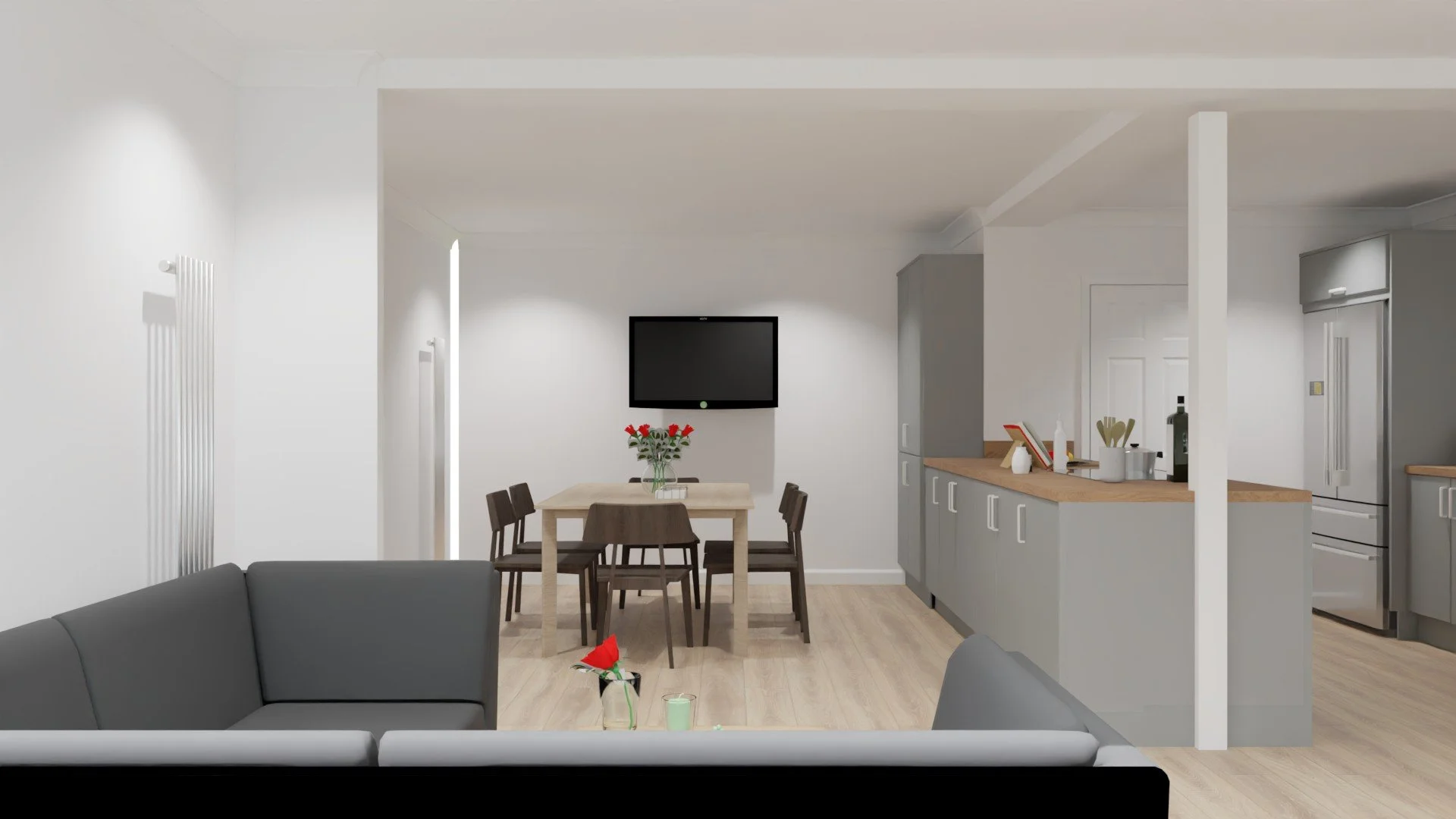 Open plan kitchen, the client wanted a grey and wood effect on the kitchen, as well the most storage without sacrificing a dining area or a living room area.