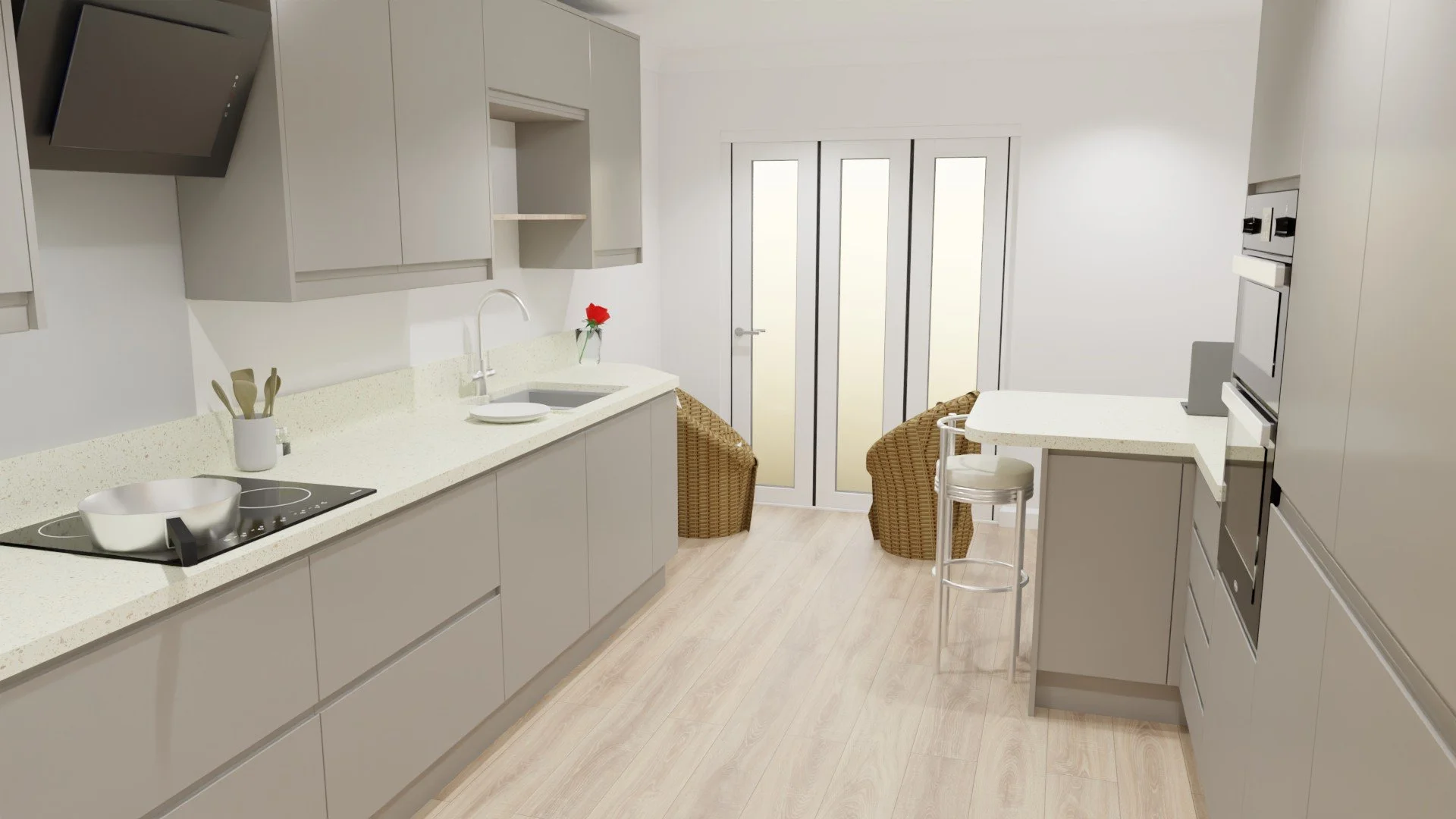 Modern J-Pull Kitchen
This project was interesting, as working with the long space I still managed to fit all their essentials. They also wanted enough space in the kitchen to outlook their garden area and as much storage as possible.