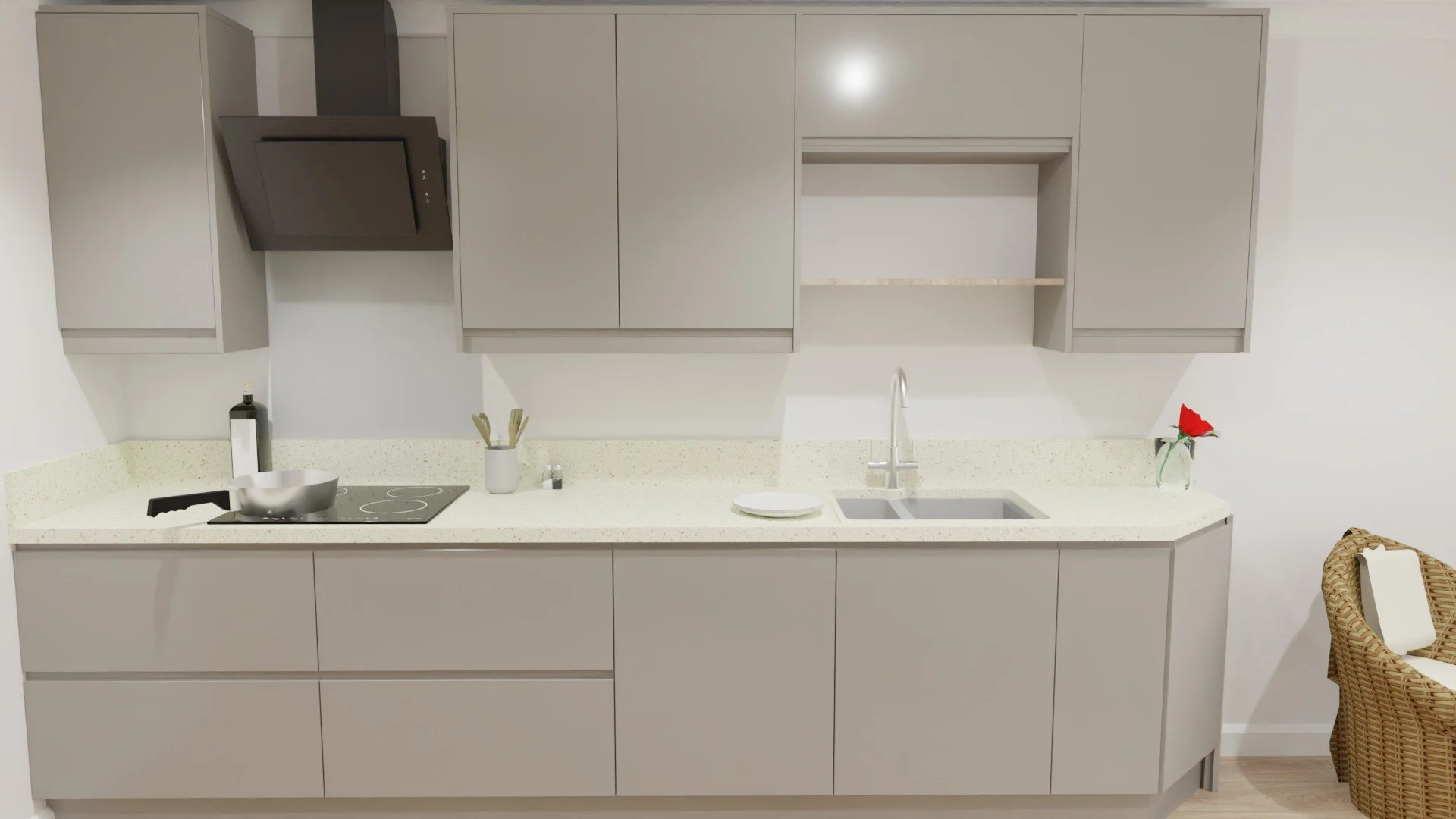 Here you see the hob and sink run. 1.5 Ceramic undermount sink, with the drainer being carved out of the quartz worktop.