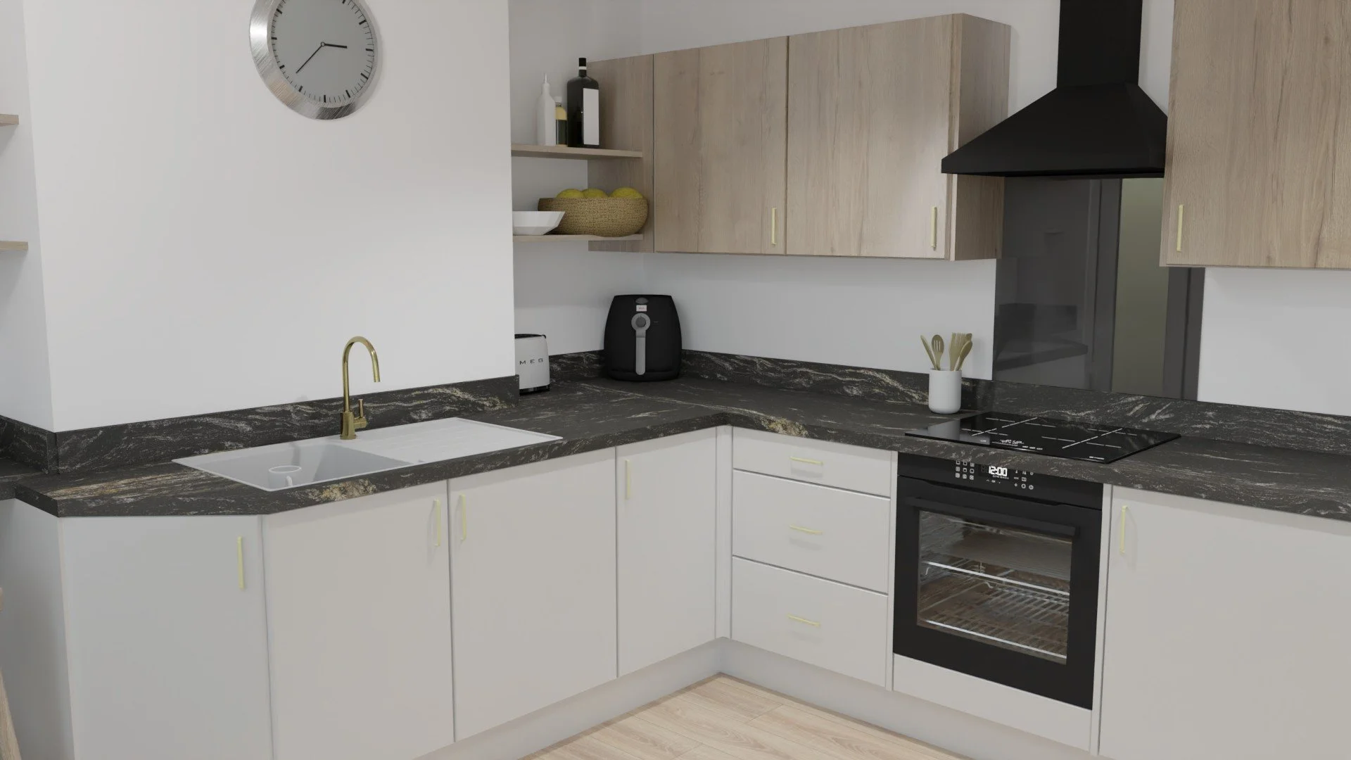 White single drainer on-set sink with a chrome tap to match the golden accents of the black marble worktop.