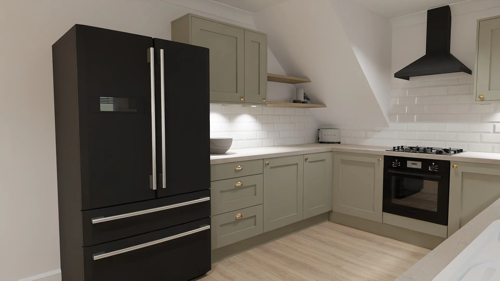 Sage green pendle kitchen with brushed brass cups and knobs. Designed considering the boxing of the stairs. The client was looking for a colorful kitchen that had black appliances.