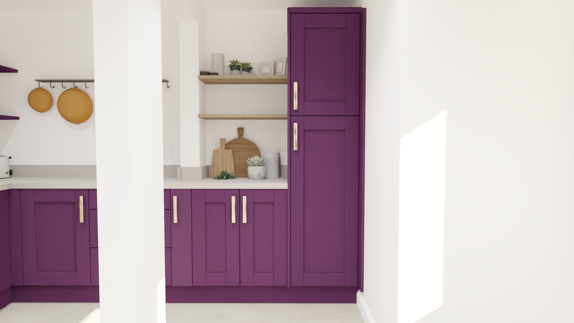 A collum dividing the kitchen's sink run and work station. Plenty of shelving and pan hooks.