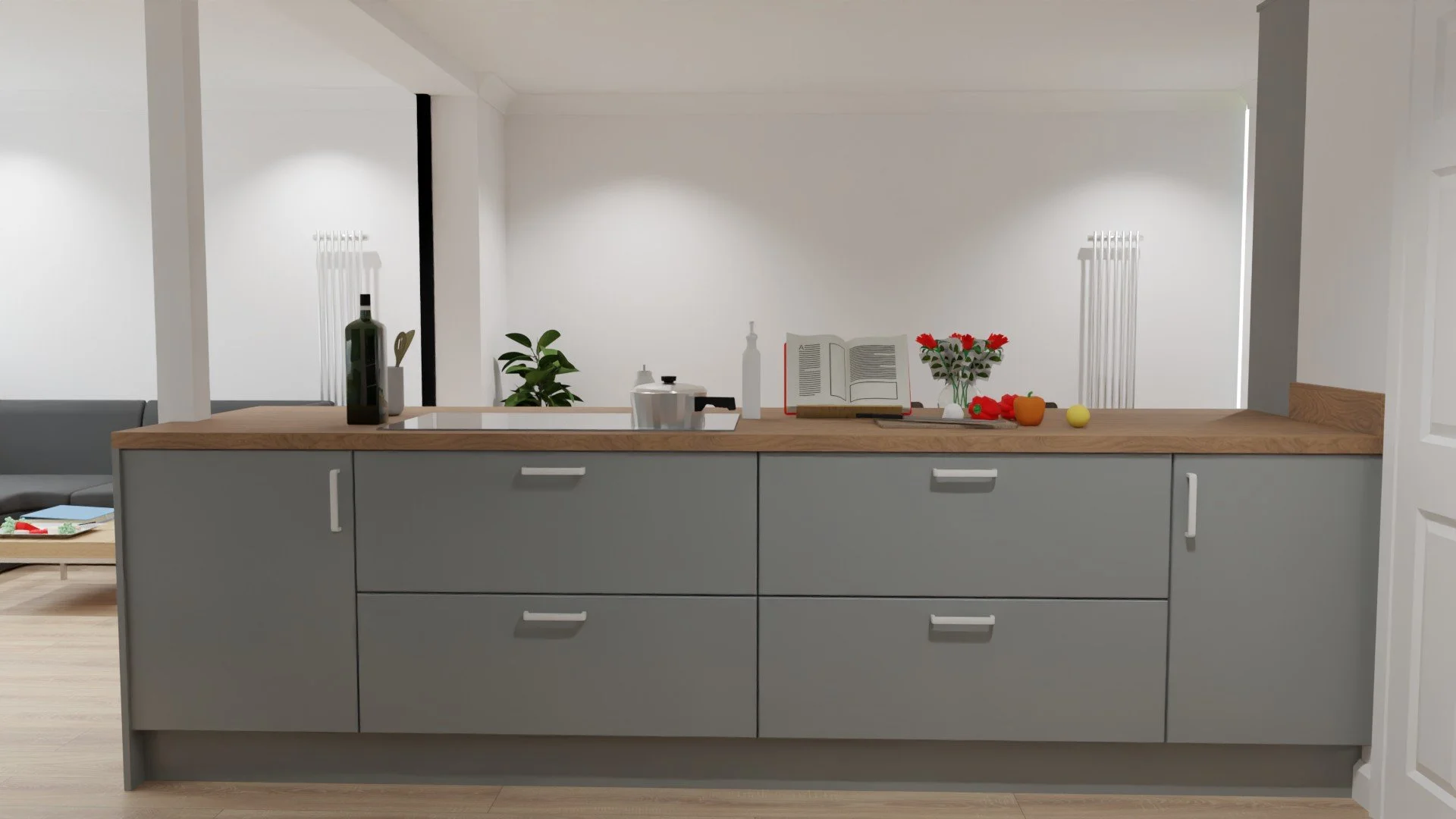 Hob run with a ceiling extractor fan. Symetrically matching the pan drawers.