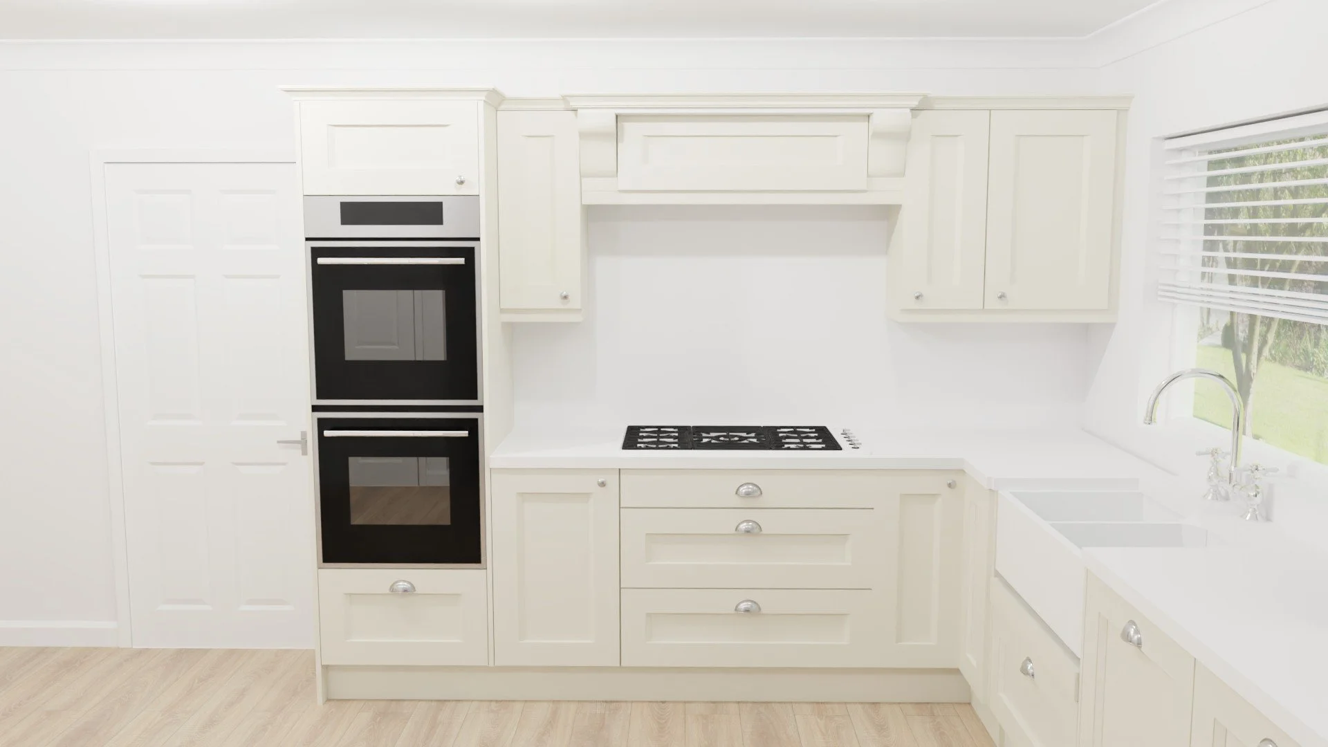 A tradiotinal victorian style kitchen. Matching kashmir units to st/steel cups and knob handles. This kitchen also includes a belfast sink with a drawer underneath for easy storage.