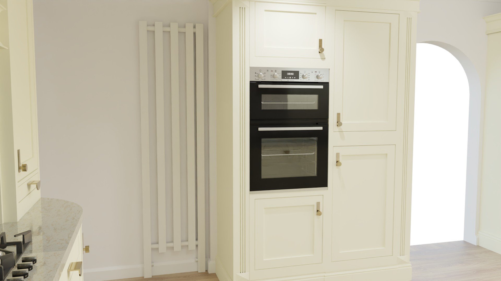 Long radiator spaced by double oven.