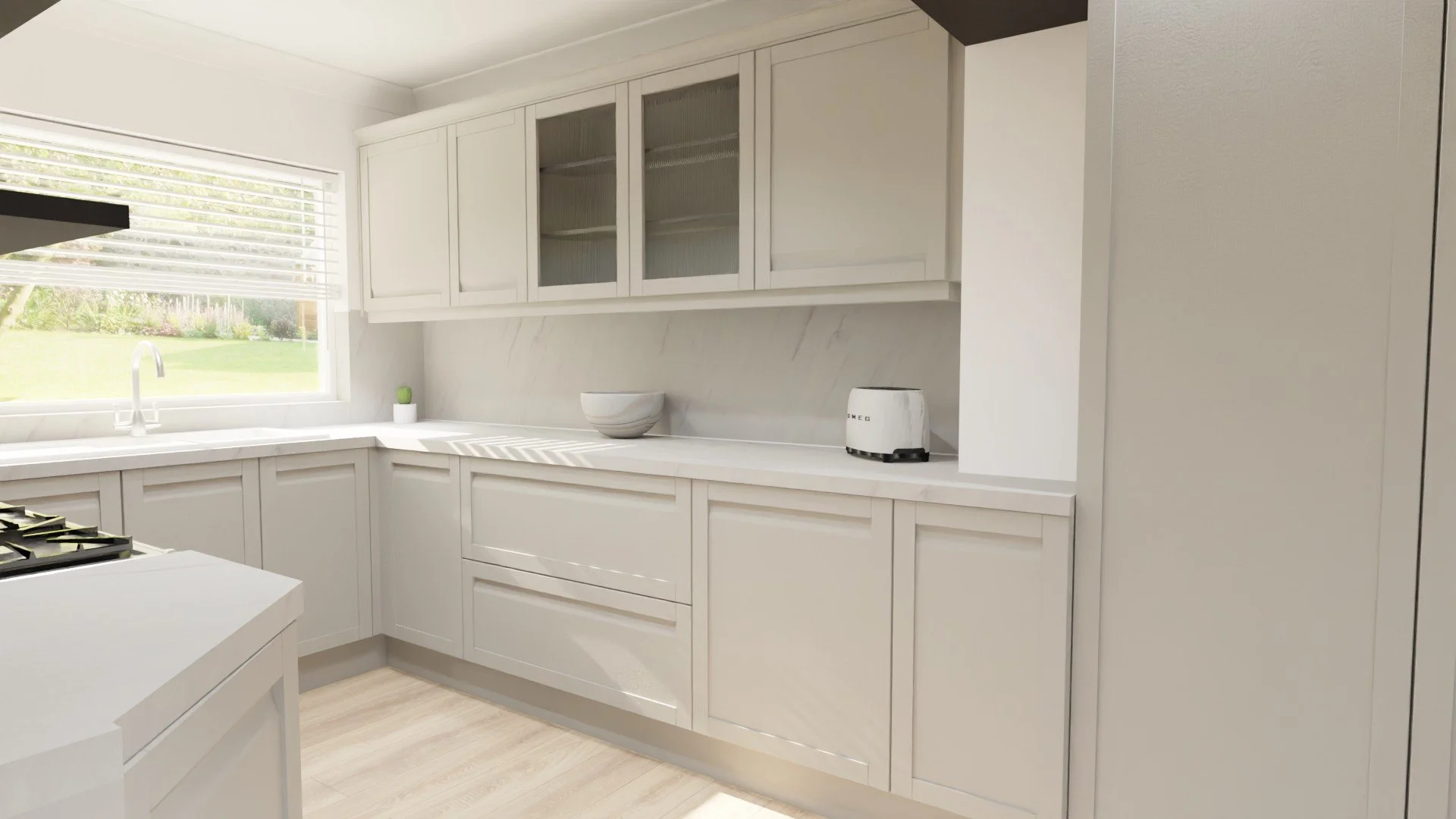 Mixed use of closed units and glass units, to make the kitchen have more personality. 