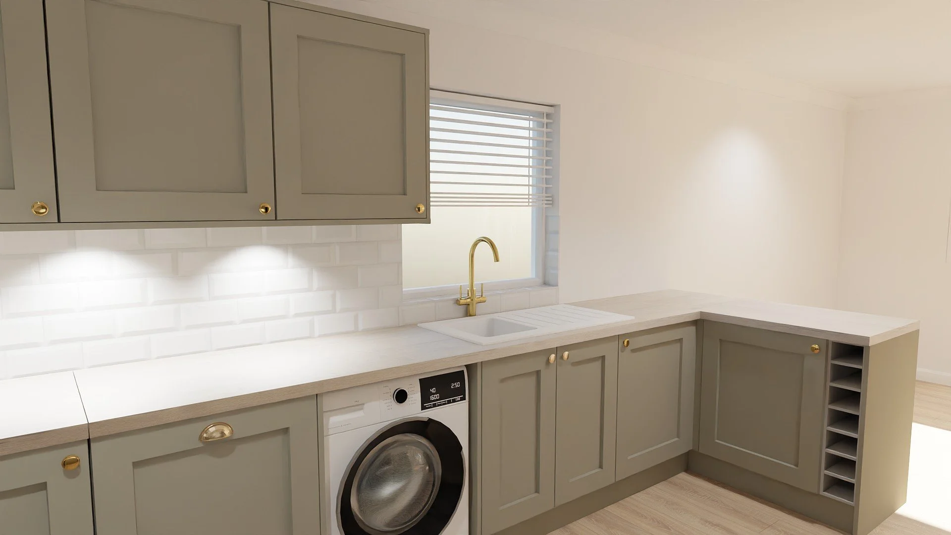 Sink run, including a small open storage base rack. The walls are tiled, not needing an upstand.