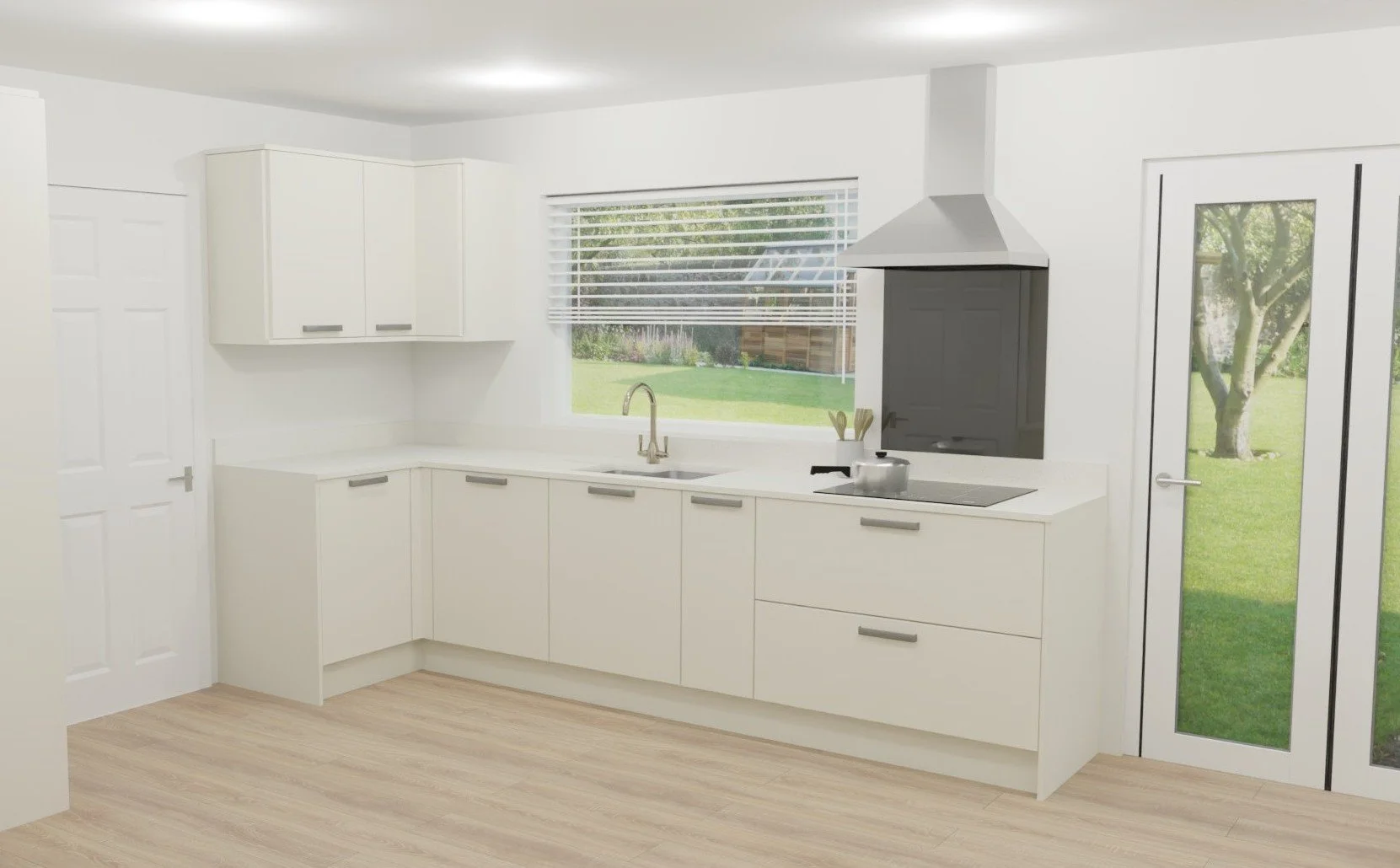 Symmetrical and modern kitchen. The custumer wanted everything to be tucked away and out of sight. An integrated dishwasher and pull out bins. The sink and hob by the windows as they like to work looking out.