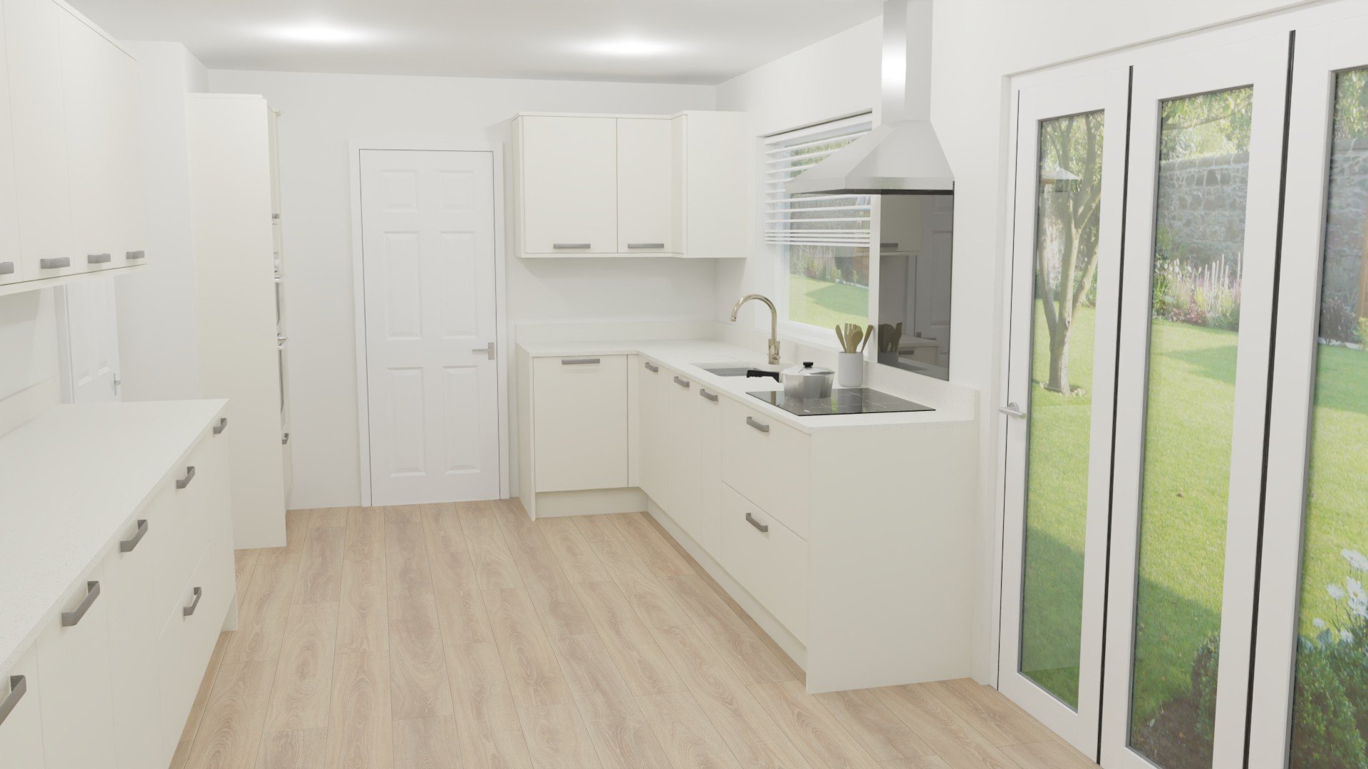 D shaped handles places horizontally int he middle of every unit for symmetry.