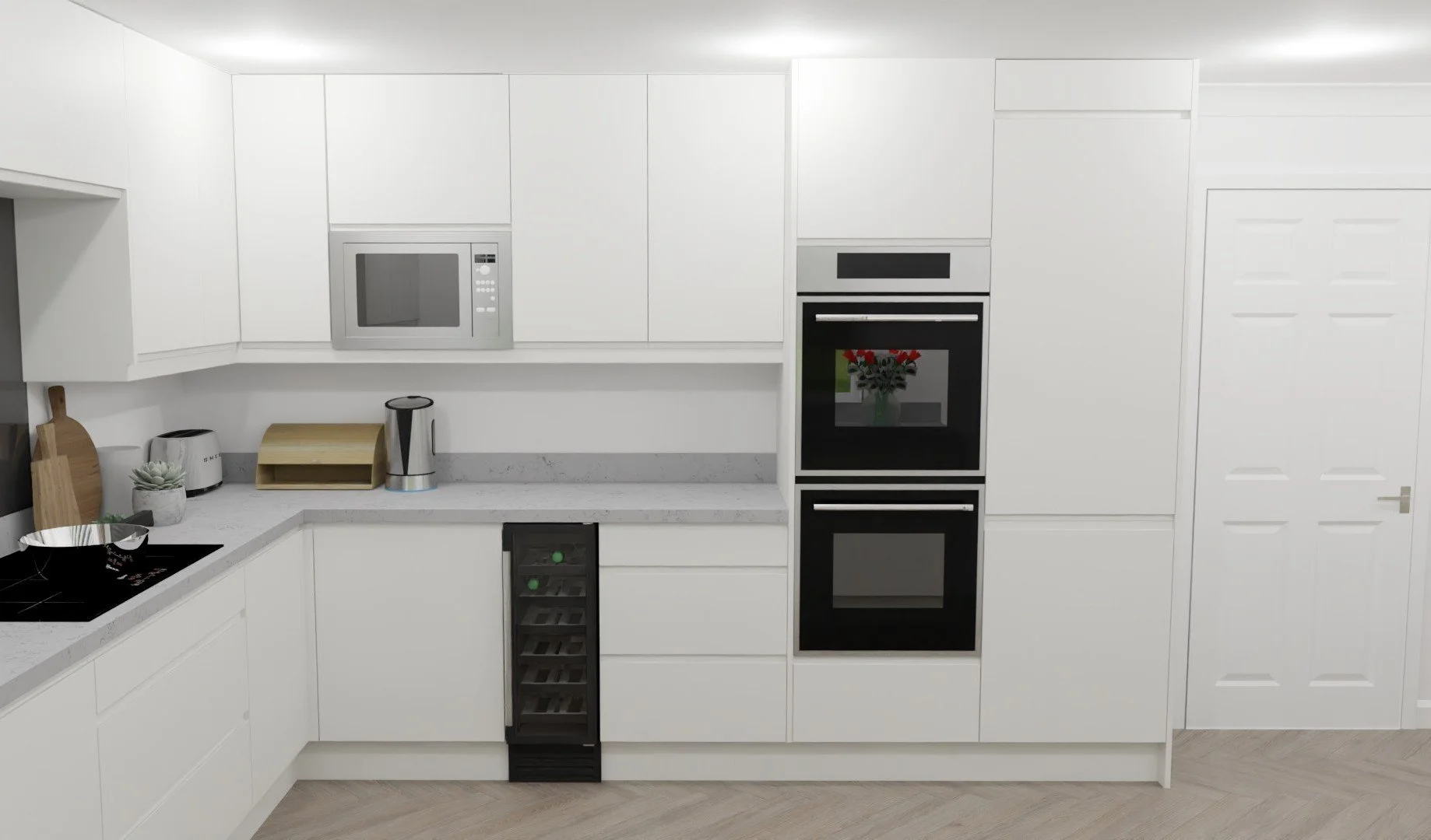Two single ovens stacked, a wine cooler, and an integrated microwave to match.