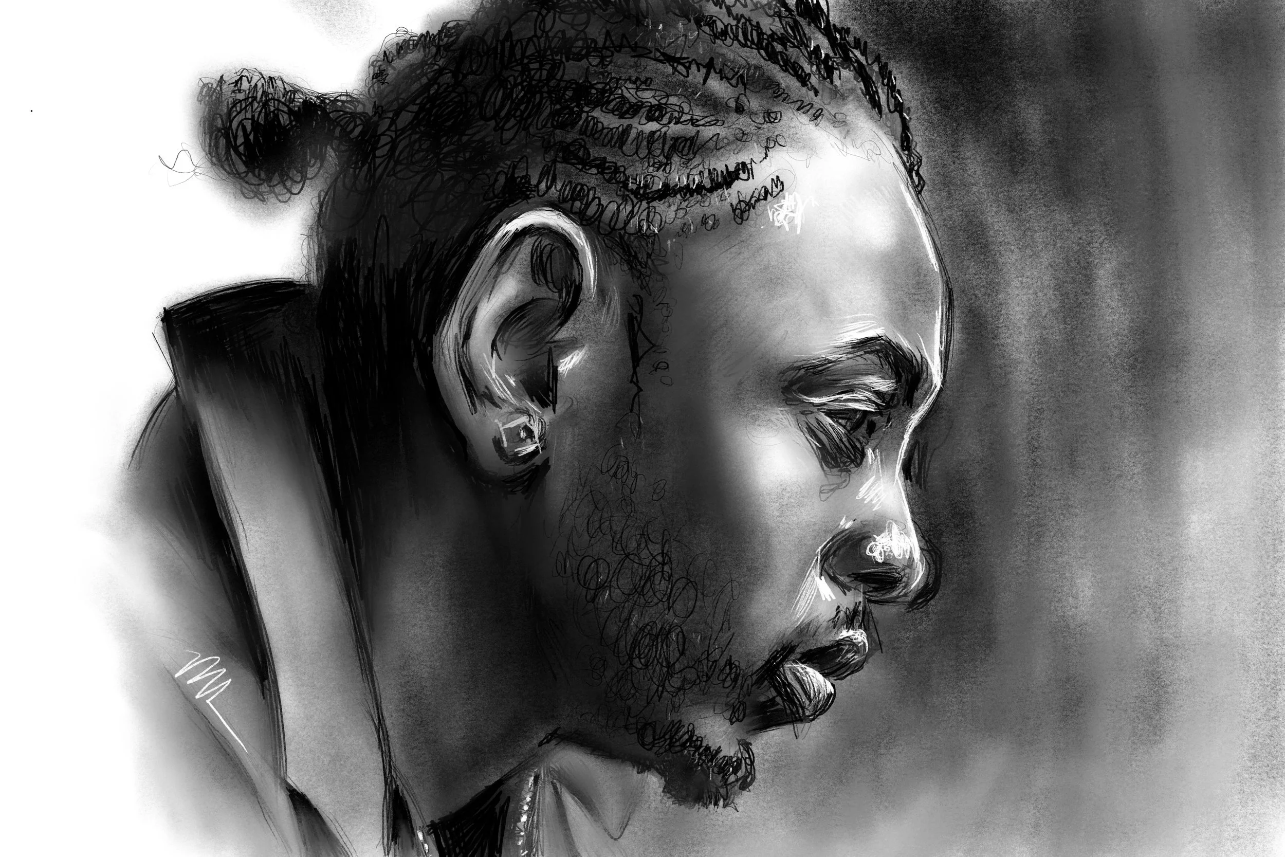 A profile portrait of Kendrick Lamar with braided hair, a mustache, and a beard, looking downward with a serious expression, in black and white digital art style.