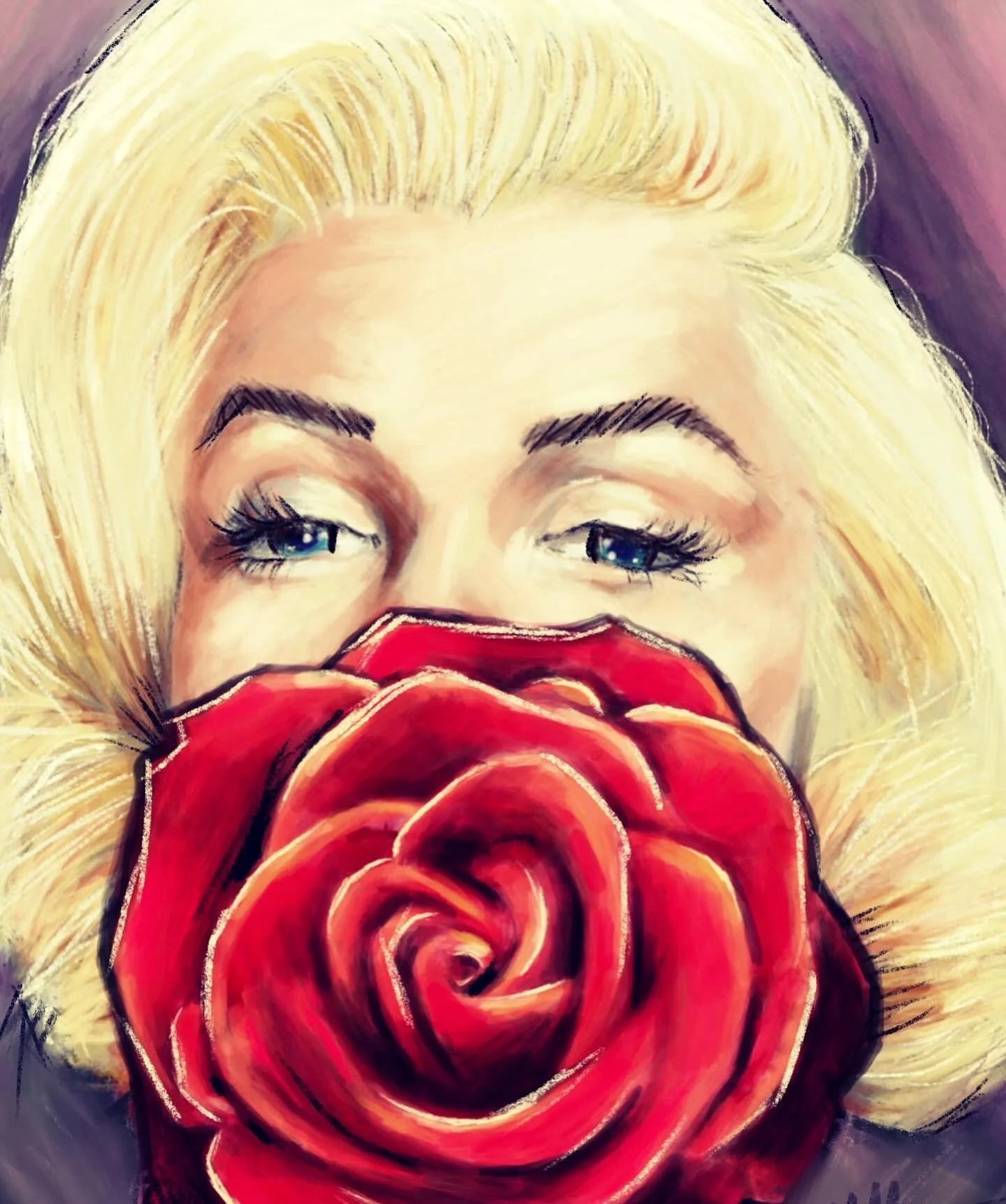 Digital portrait of a woman with platinum blonde hair holding a red rose in front of her face, with both eyes visible.