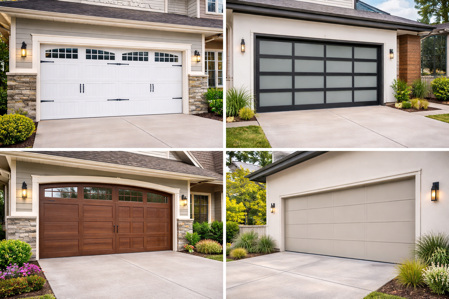 Four different garage doors in residential settings, each with a concrete driveway and landscaped surroundings. The top left garage door is white with black hardware and small windows at the top. The top right garage door is black with frosted glass panels. The bottom left garage door is wood-colored with black hardware and arched window panels. The bottom right garage door is beige or light tan with a smooth surface.