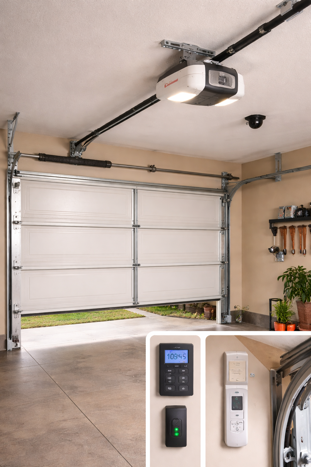 A garage door with operational mechanisms and control panels, including a digital timer, a wall-mounted switch, and remote controls, with a view of the lawn outside.