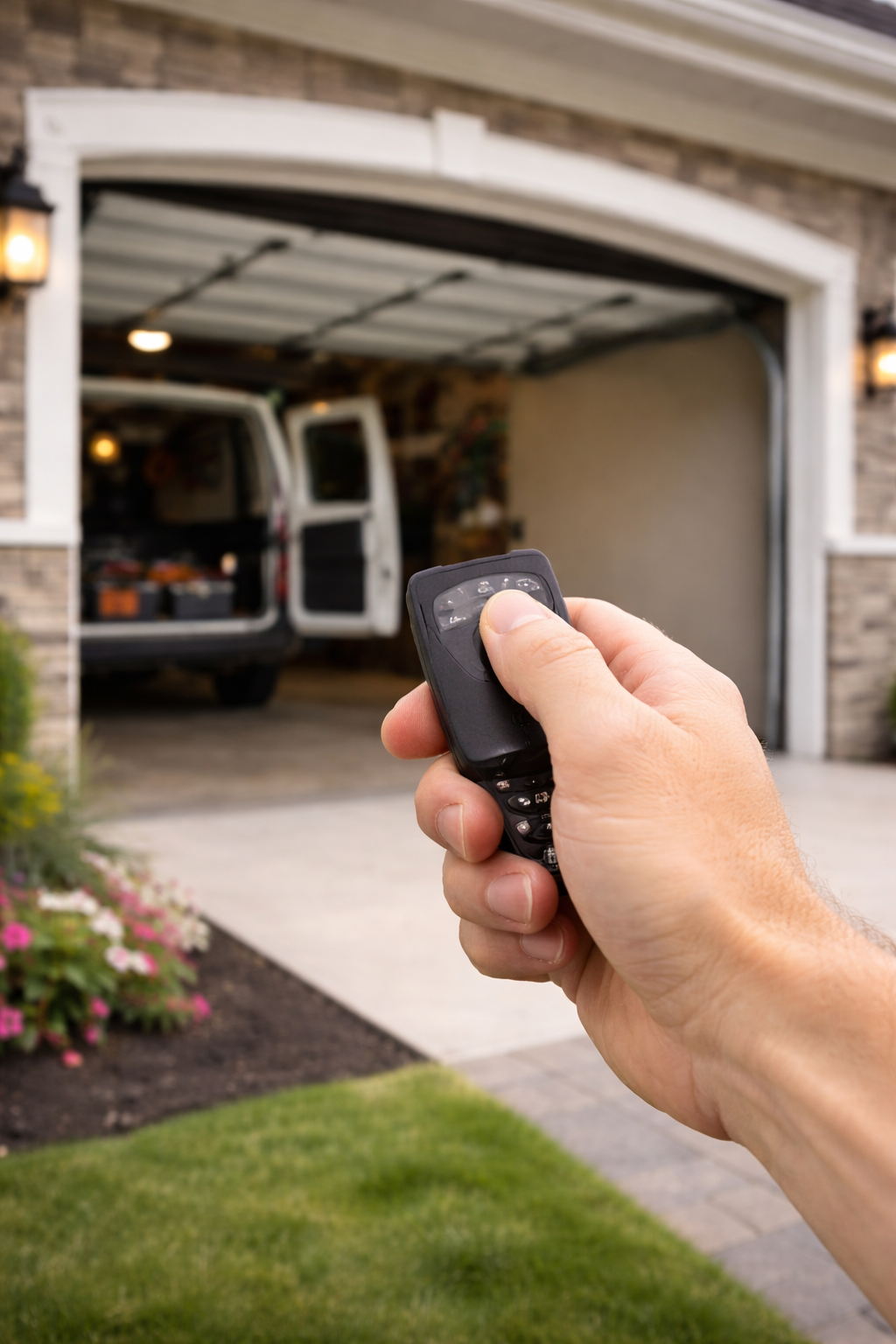 A person holding a remote control facing an open garage with a white van parked inside.
