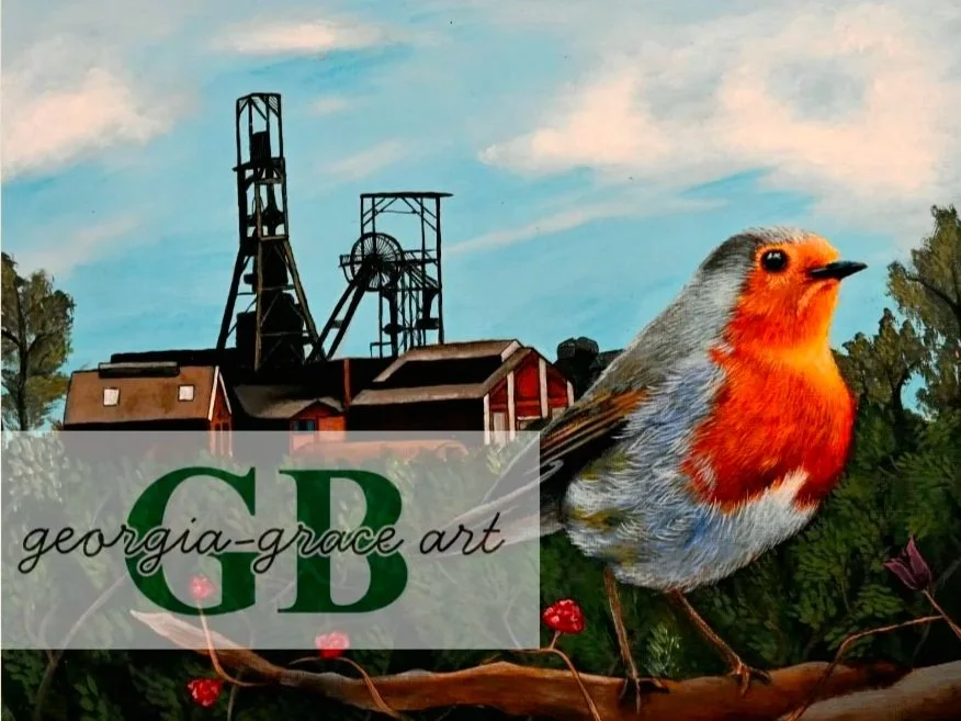 Painting of a robin perched on a branch with a colliery in the background. 