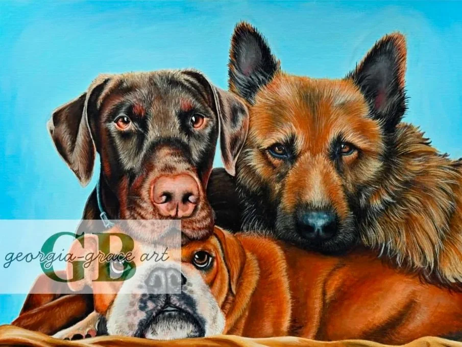 Painting of three dogs, resting together with a blue background.
