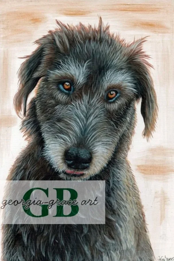 Painted portrait dog with amber eyes, looking directly at the viewer.