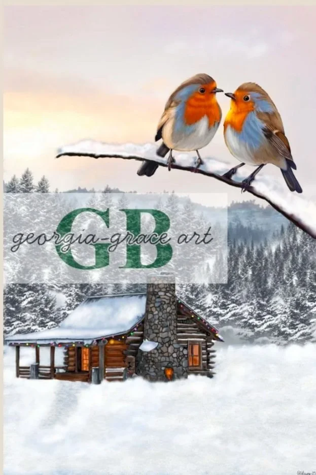 A snowy winter scene with two robins perched on a branch, a cosy log cabin decorated with holiday lights, snow-covered trees.