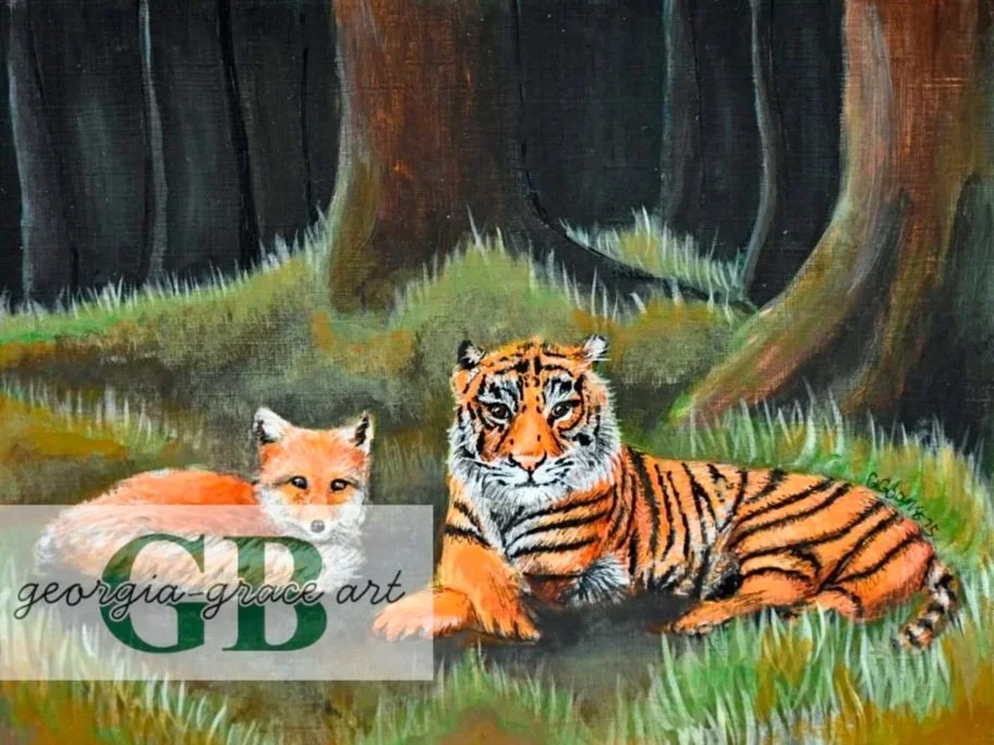 Painting of a forest scene with a tiger and a fox resting on the grass. (Leicester football and rugby club co-existing)