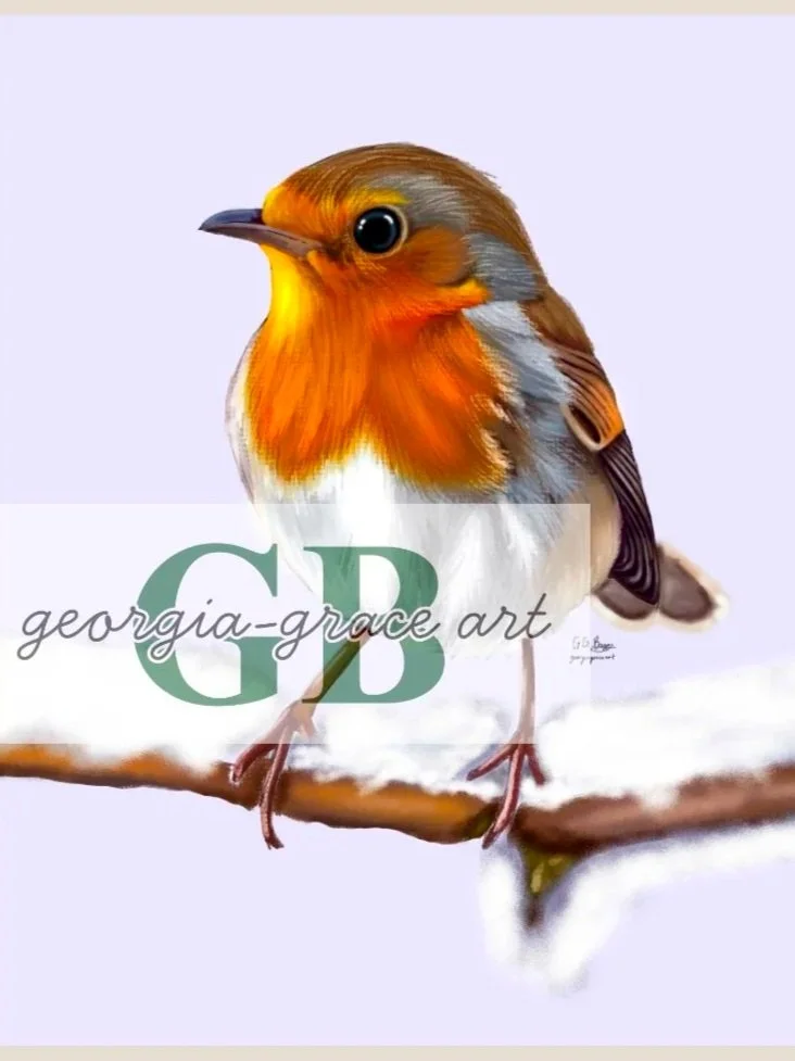 A digital painting of a robin with orange, grey, and beige feathers perched on a branch.