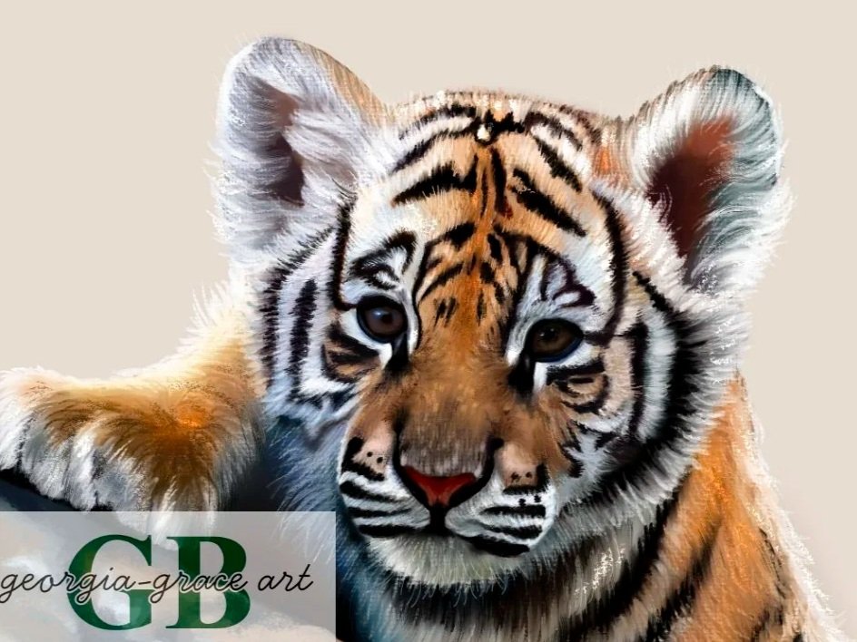 A digital illustration of a young tiger with orange, black, and white striped fur, looking directly at the viewer against a plain beige background.