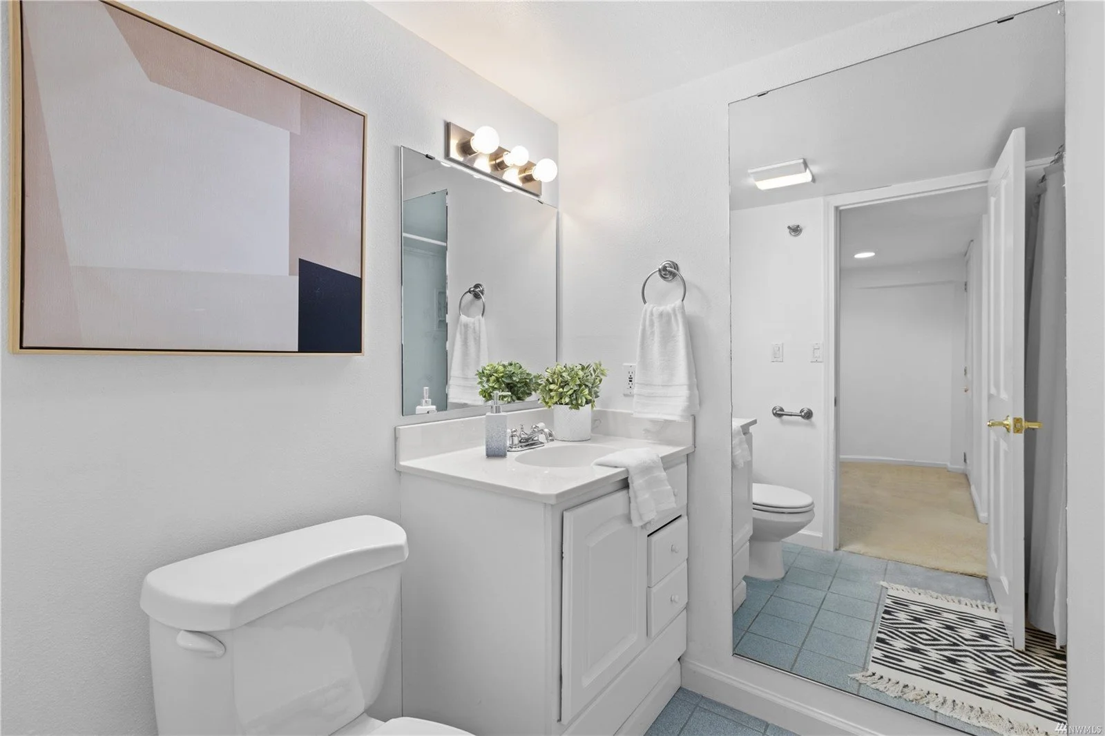 A small bathroom with a white toilet, a white vanity with a sink, a large mirror, a potted plant, a framed abstract art on the wall, and a sliding glass door reflecting the shower area with a curtain. The bathroom has white walls, a wood and black st