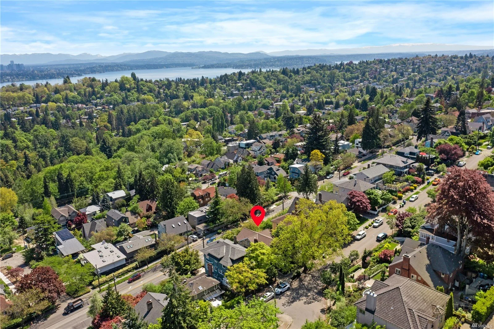 Aerial view of a neighborhood with houses, trees, and streets near a water body with mountains in the background on a clear day.