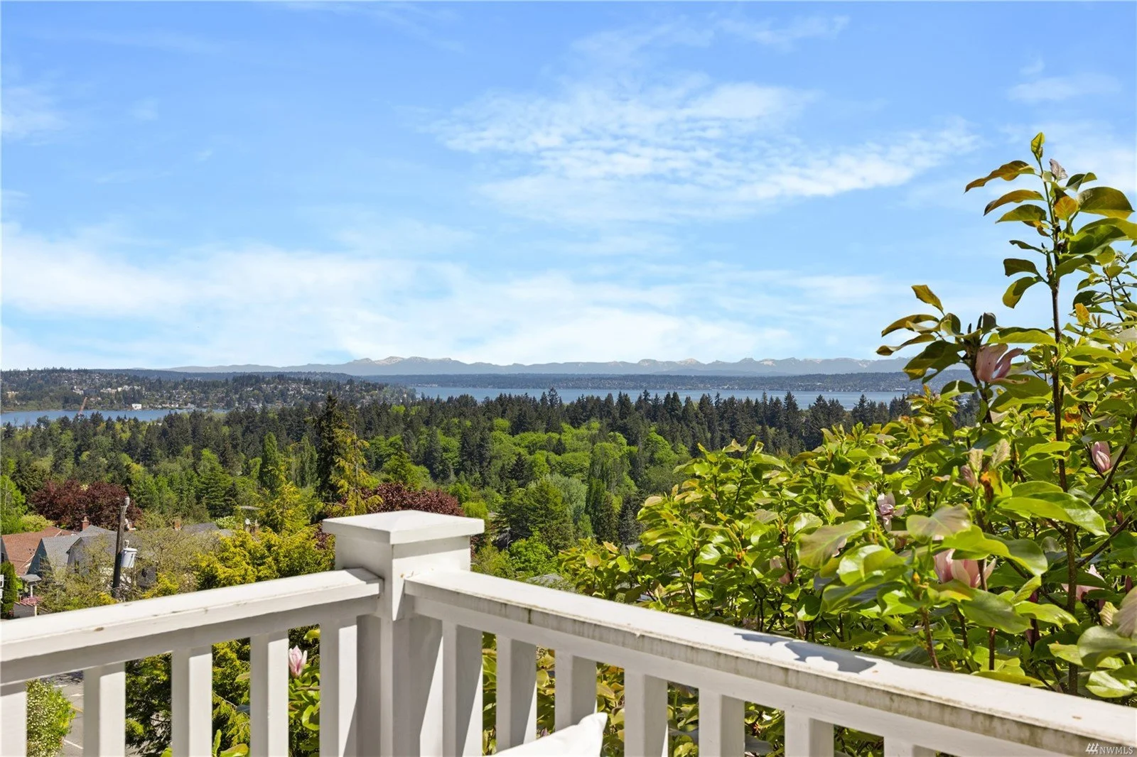 View of a lake and mountains in the distance, seen from a white balcony railing, with green trees and bushes in the foreground under a partly cloudy blue sky.
