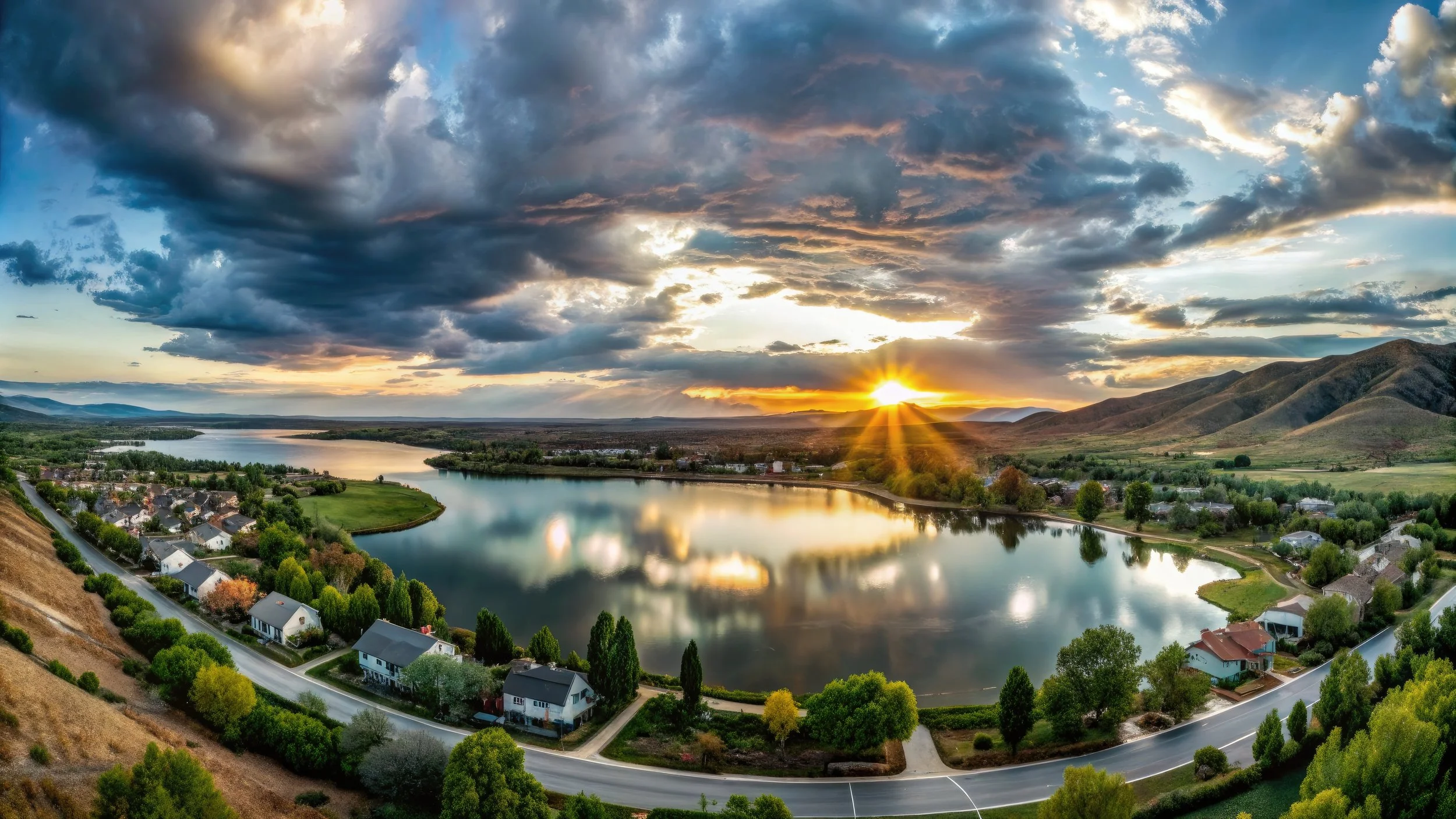 A scenic aerial view of a lakeside community at sunset, with houses lining the shore, surrounded by green trees, and hills in the background under a partly cloudy sky with rays of sunlight