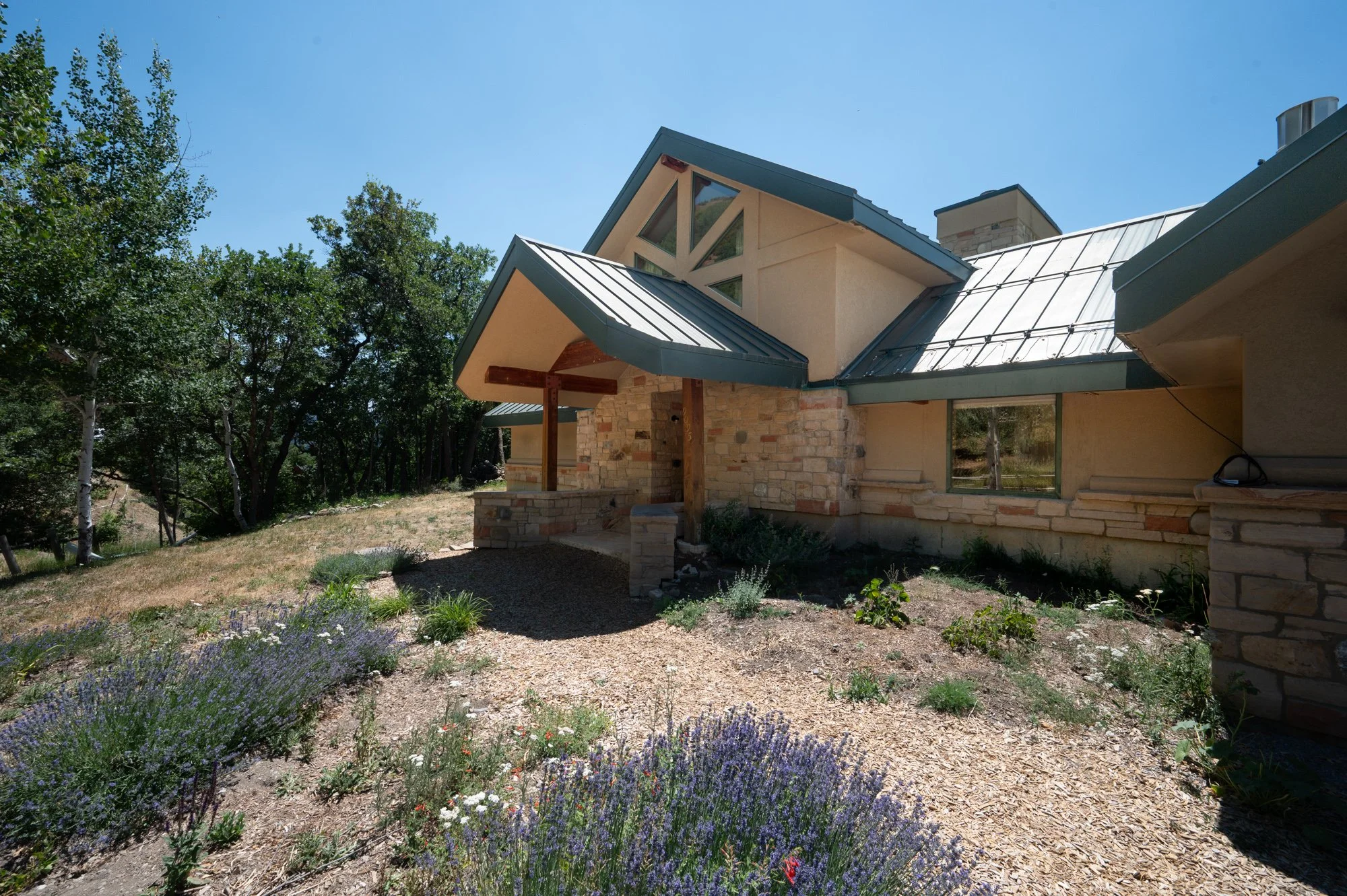 Modern house with stone walls and metal roof, surrounded by garden plants, trees, and a clear blue sky.